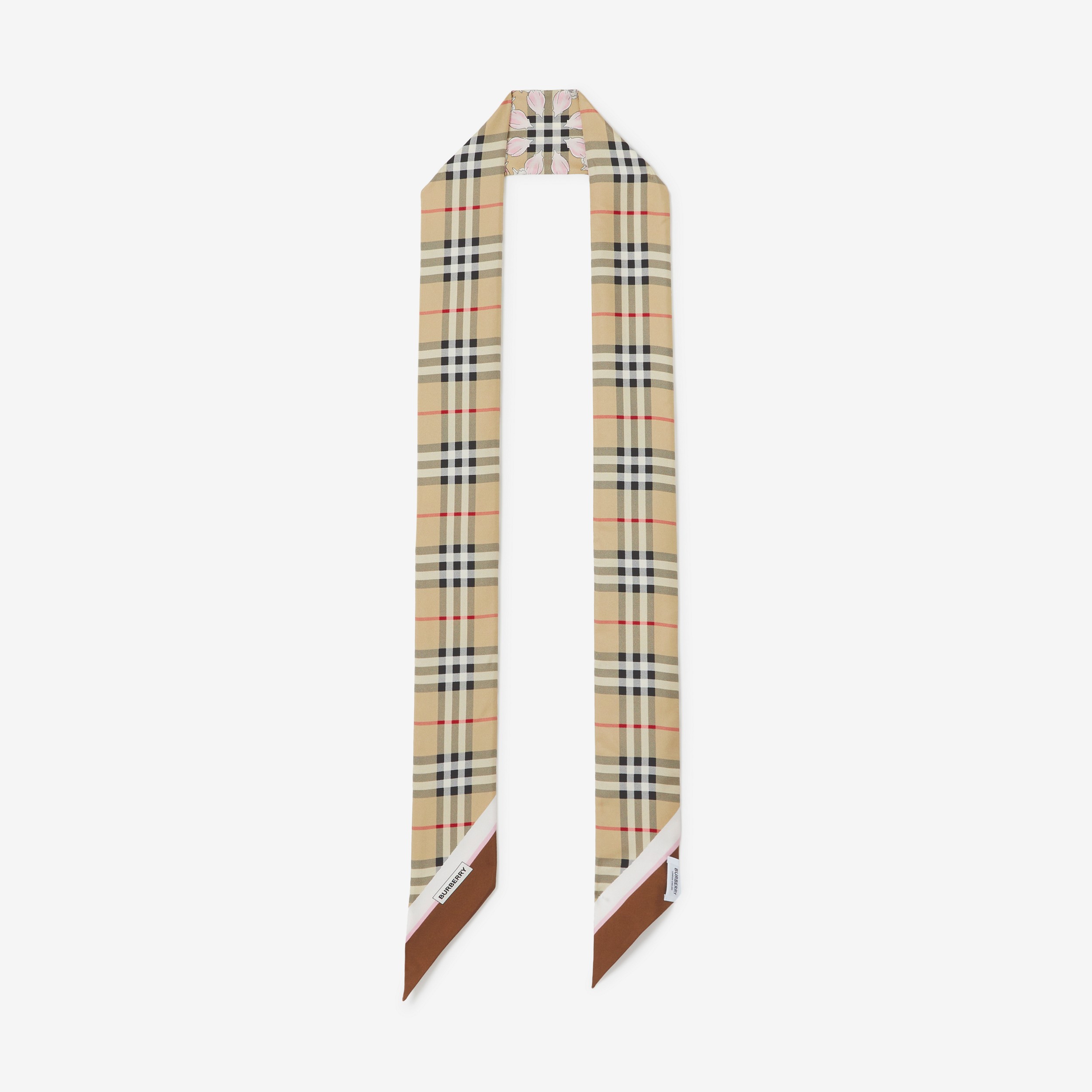 Floral Check Print Silk Skinny Scarf in Archive Beige | Burberry® Official - 3