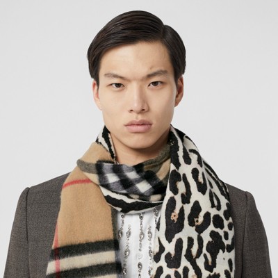 Leopard Print and Check Cashmere Scarf 