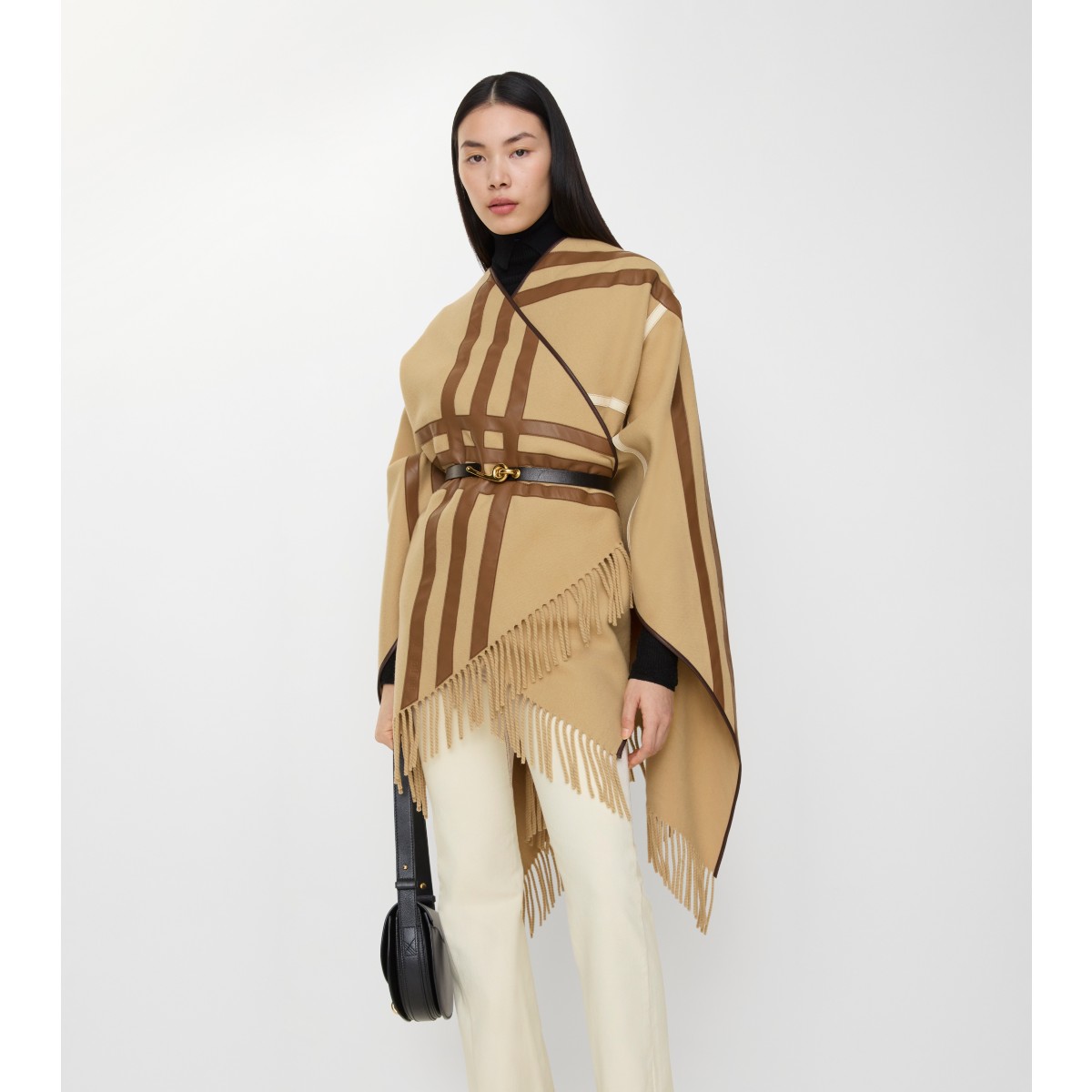  Check Leather Trim Cape