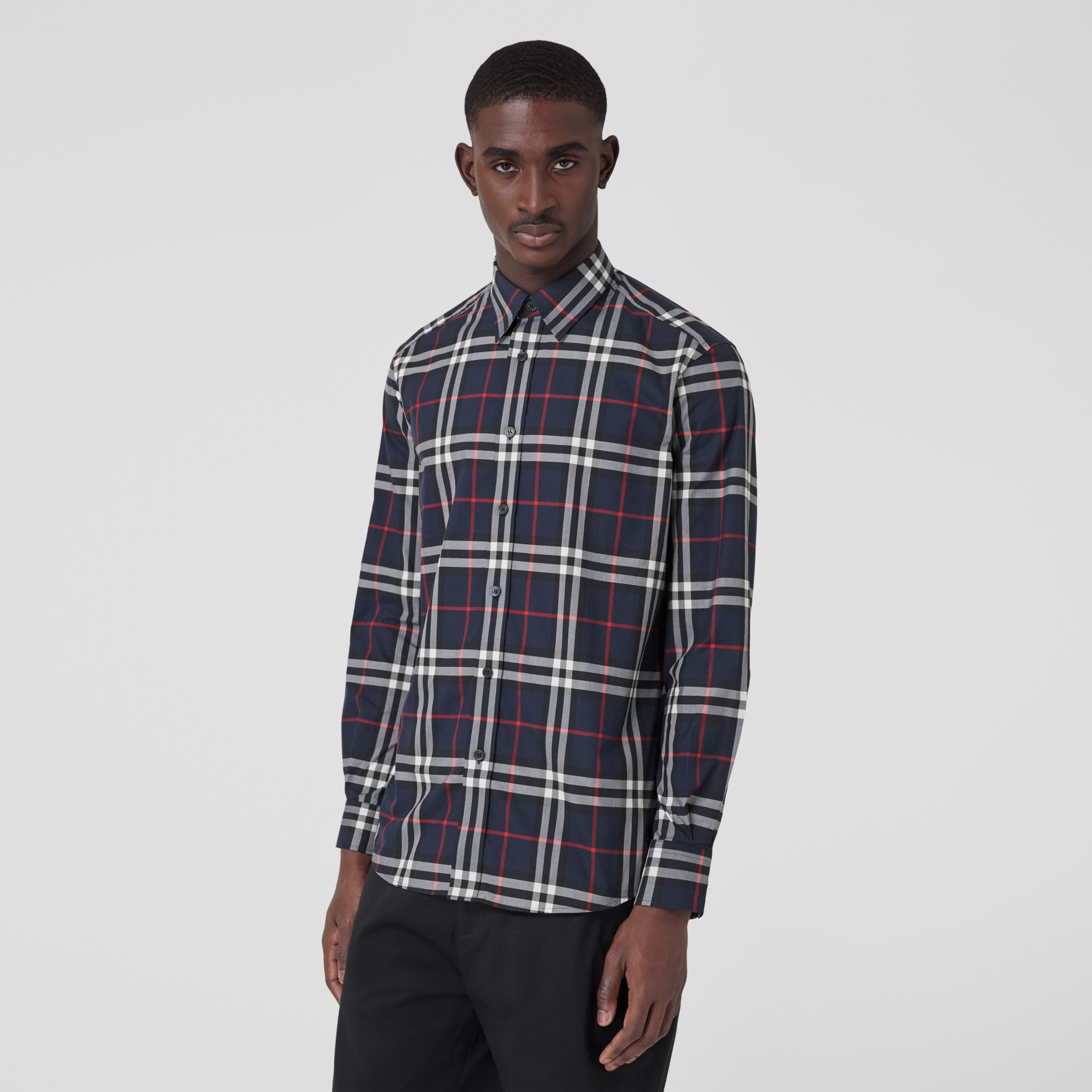 Check Cotton Poplin Shirt in Navy - Men | Burberry® Official