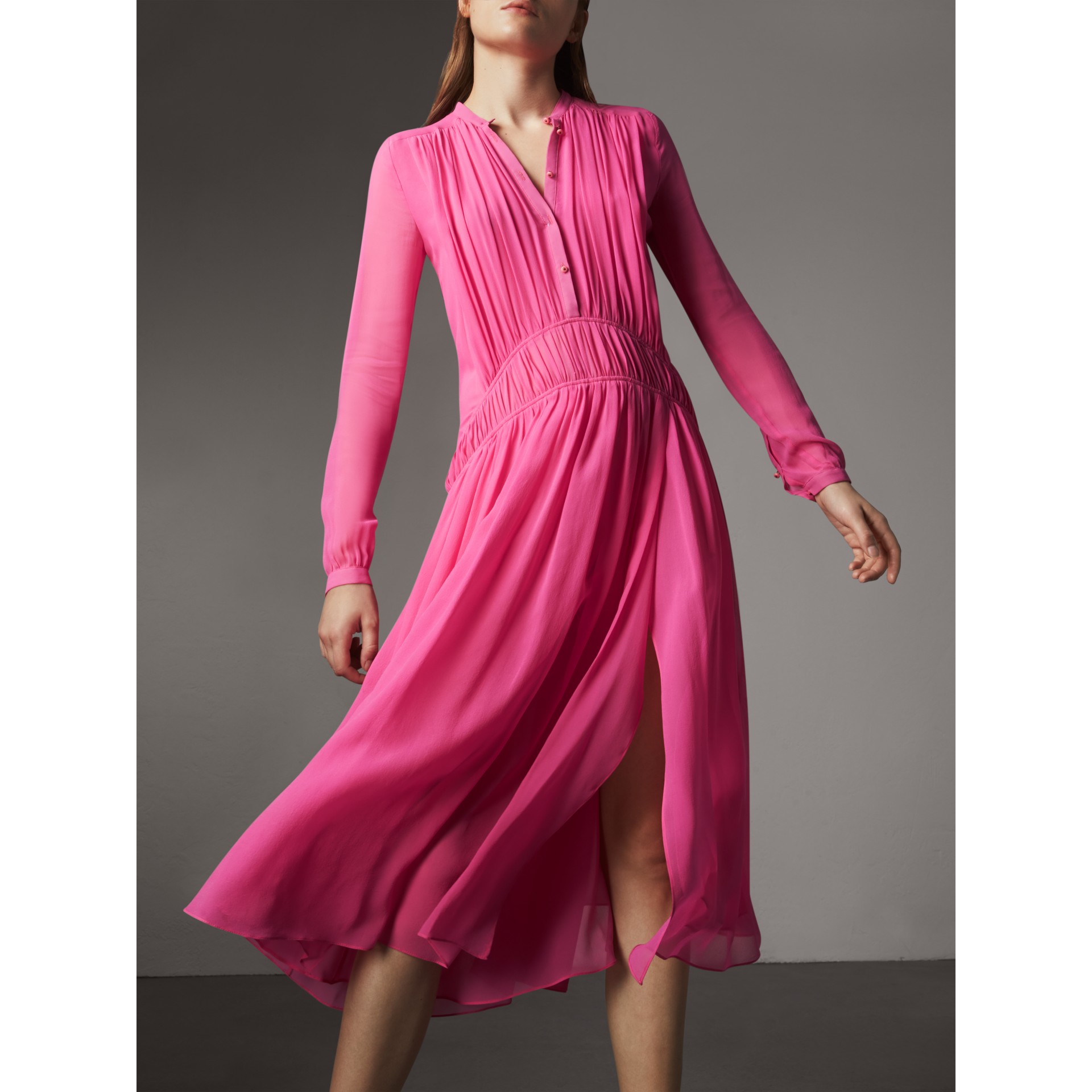 Gathered Silk Dress in Neon Pink Women Burberry United States