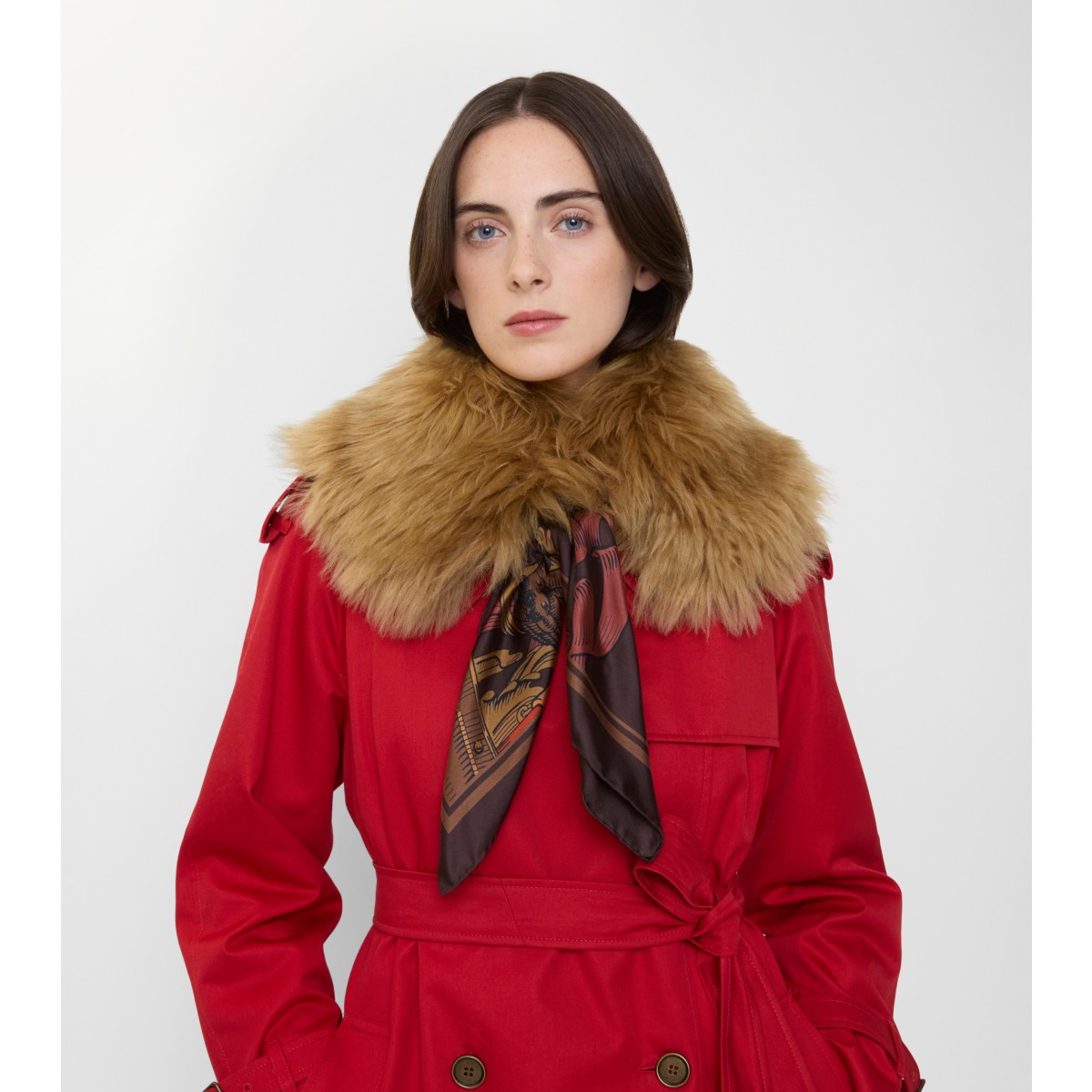  Printed Scarf Trim Shearling Collar