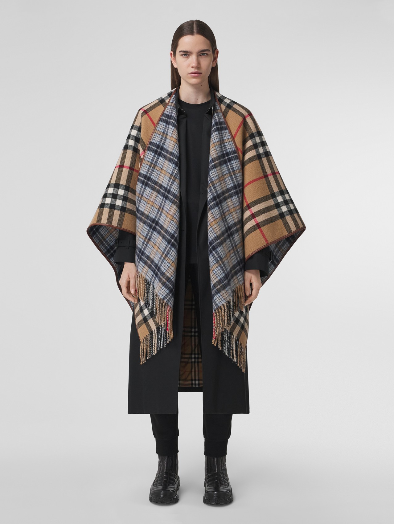 Reversible Check Wool Cape in Camel