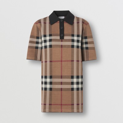 버버리 폴로 셔츠 Burberry Check Silk Blend Jacquard Polo Shirt,Birch Brown