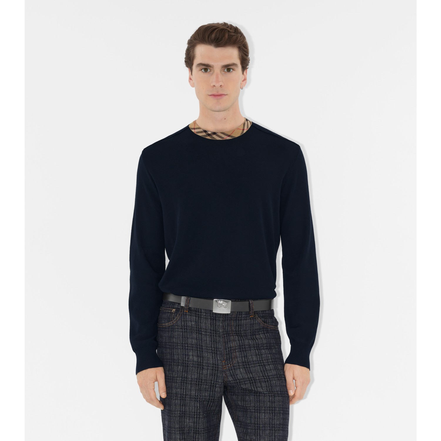 Check Trim Wool Sweater