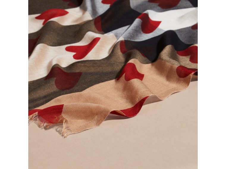 Heart and Check Modal and Cashmere Scarf in Camel/red Women Burberry