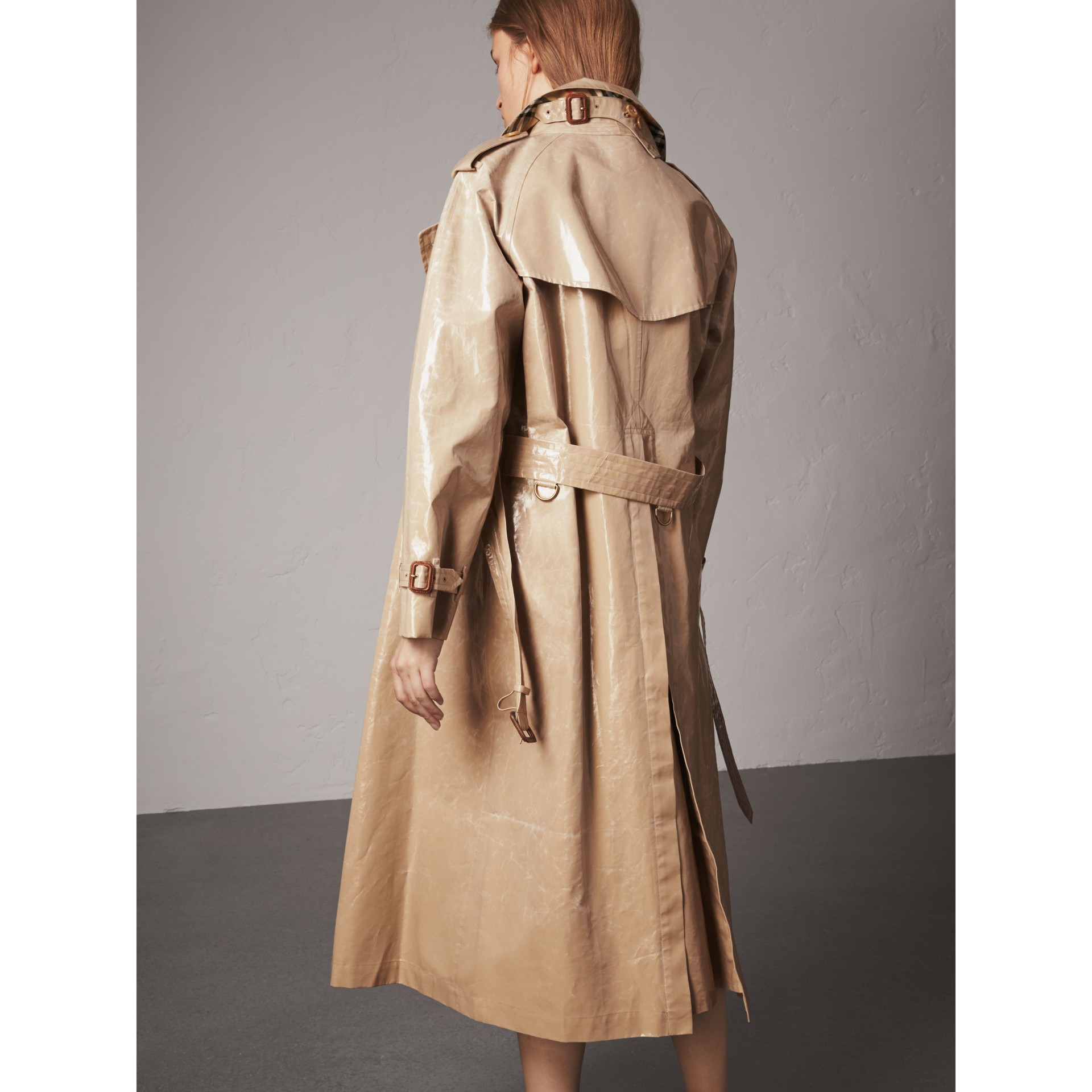 Raglan Sleeve Laminated Gabardine Trench Coat In Honey Women