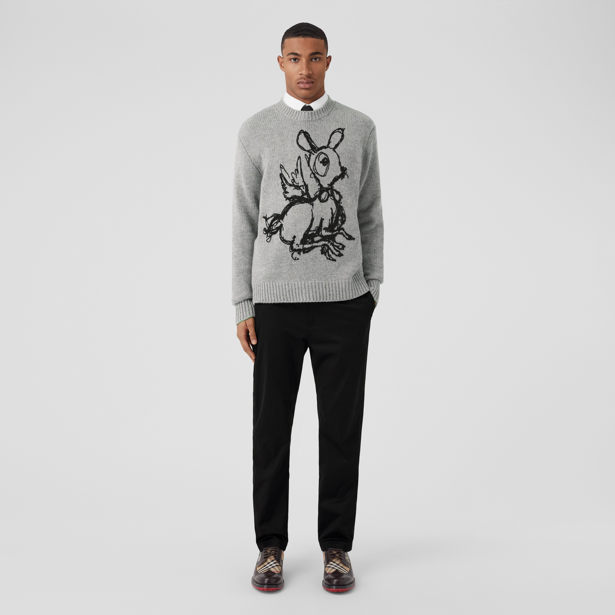 Deer Graphic Wool Cashmere Sweater in Dark Thunder Grey - Men | Burberry® Official - 4