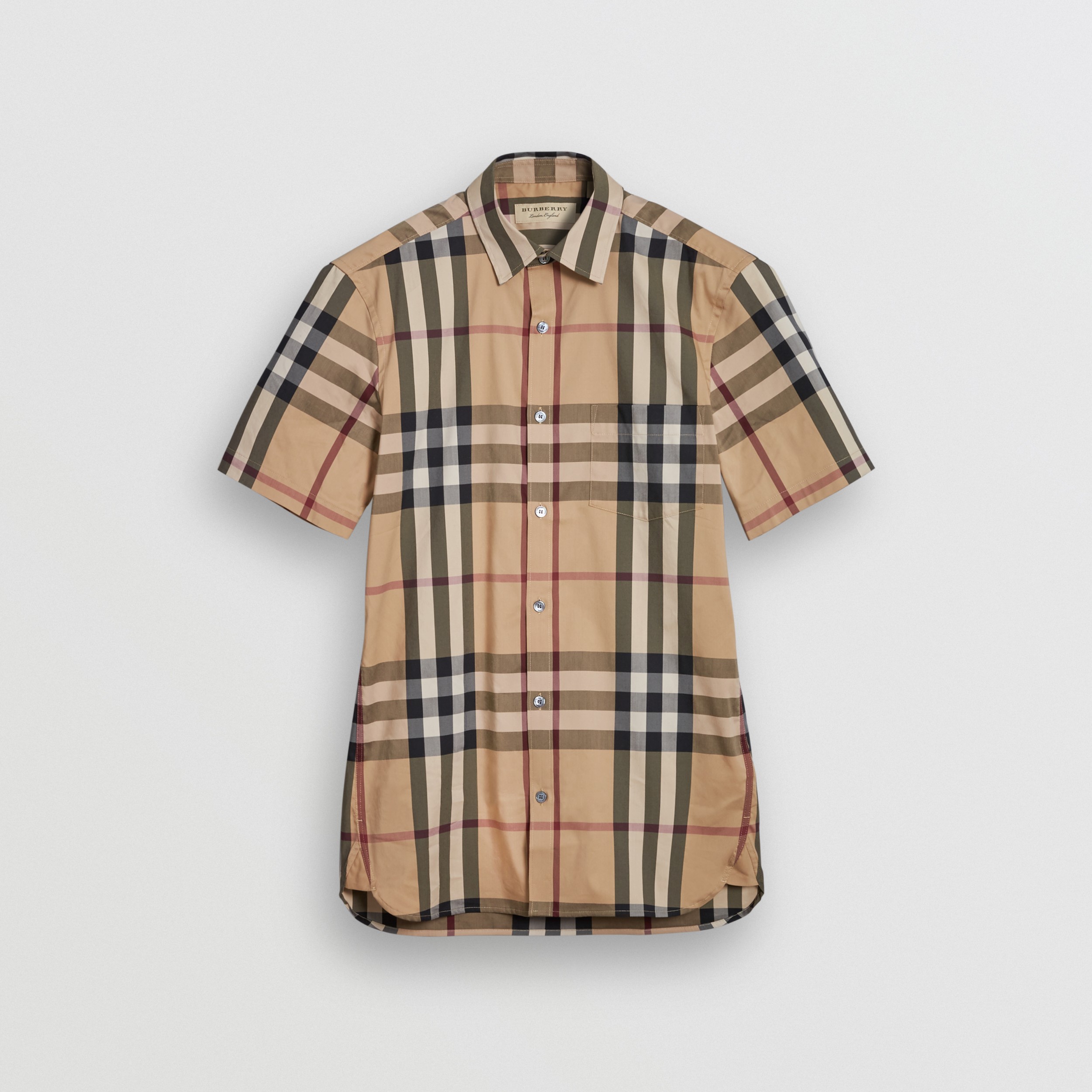 Short-sleeved Check Stretch Cotton Shirt in Camel - Men | Burberry ...