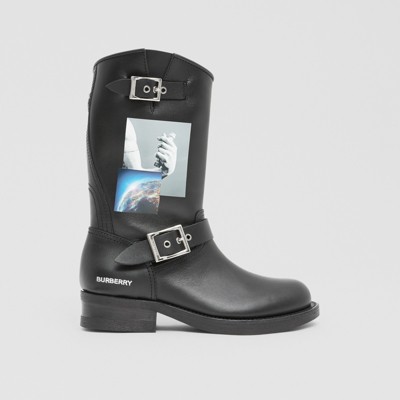 Montage Print Leather Biker Boots in 