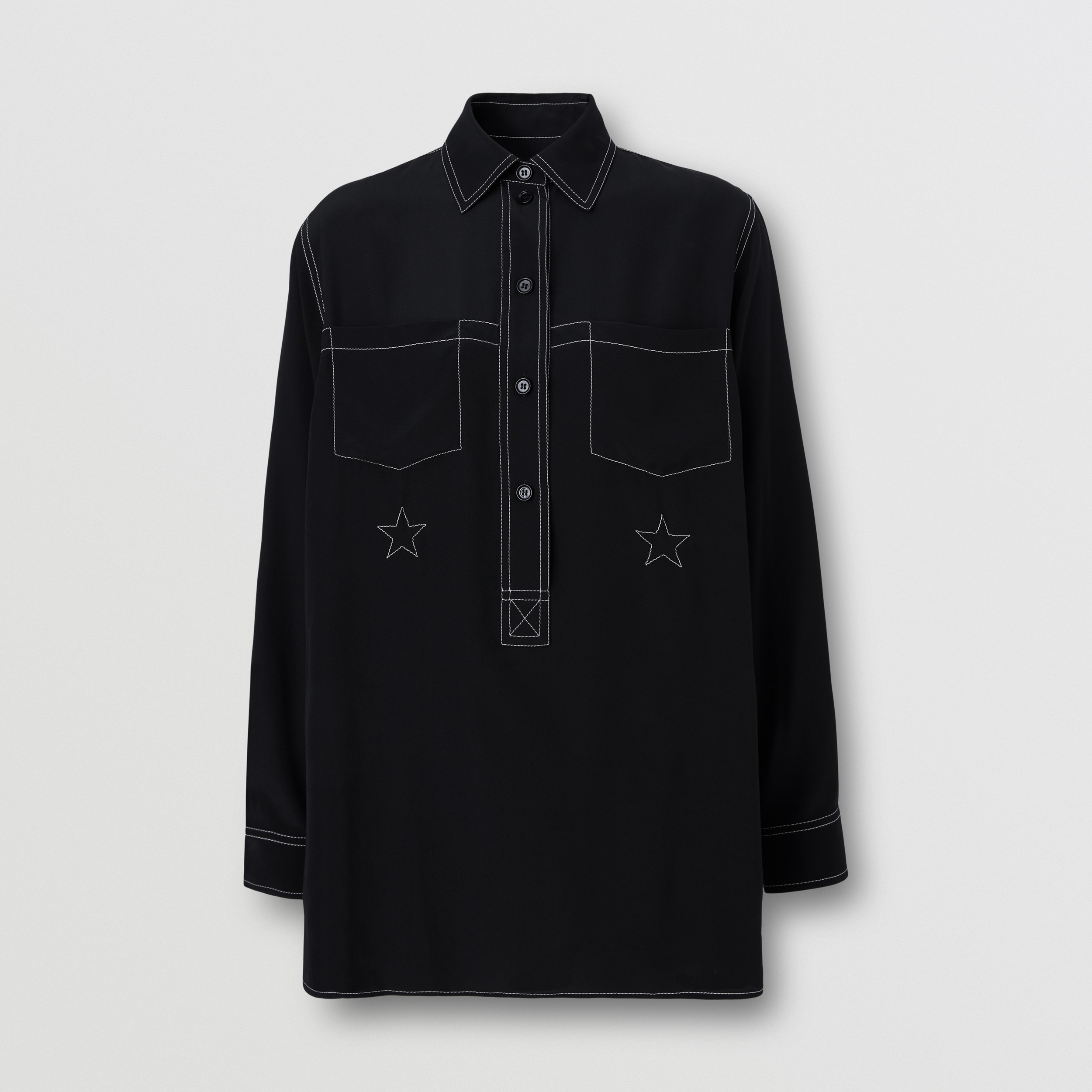 Topstitched Silk Crepe de Chine Shirt in Black - Women | Burberry® Official - 4
