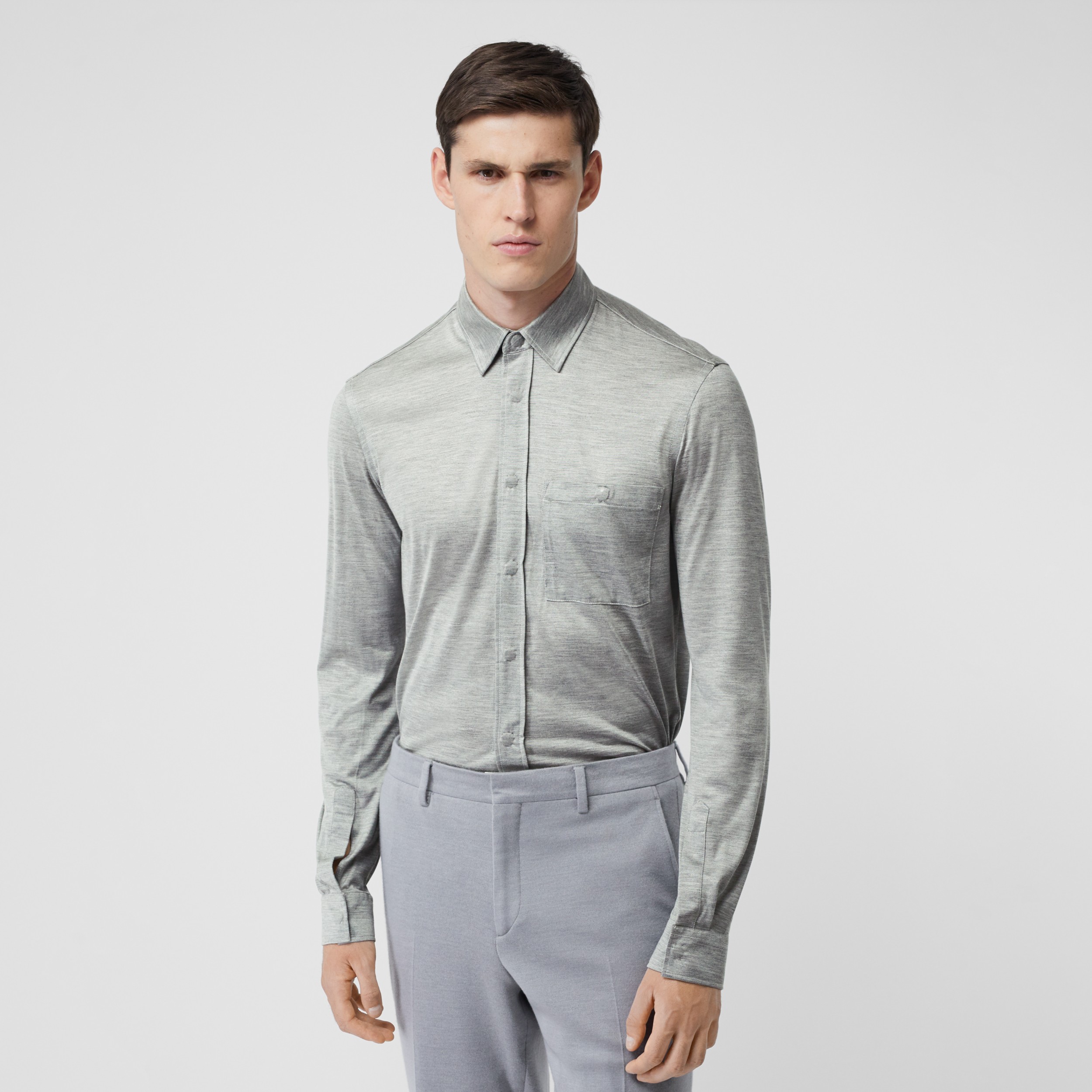 Classic Fit Silk Jersey Shirt in Light Pebble Grey - Men | Burberry ...