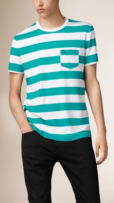 拼布口袋条纹t恤衫