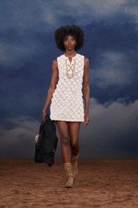 Burberry SS26 Show model Assa Baradji wearing a Crochet knit dress and Leather Tone boots
