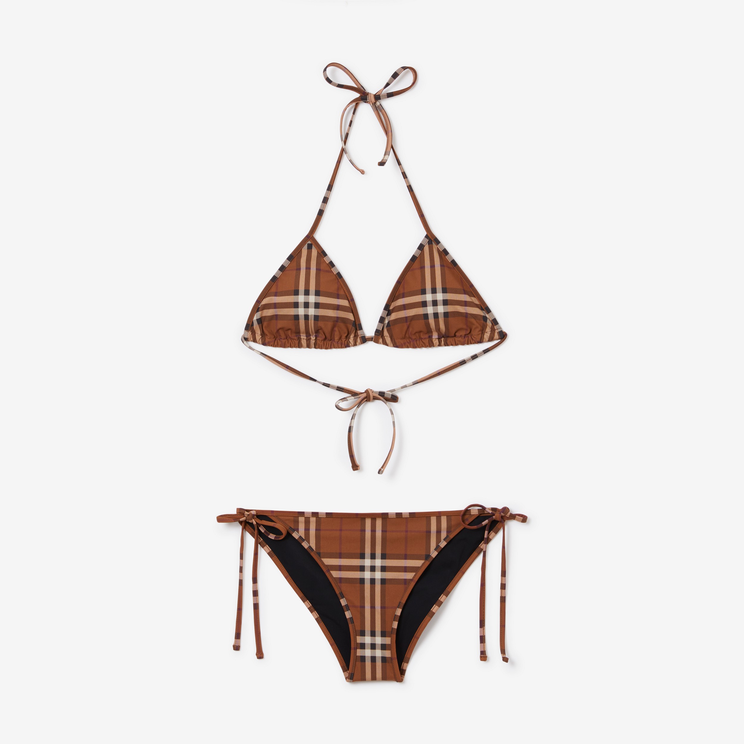 Check Stretch Nylon Triangle Bikini in Dark Birch Brown - Women | Burberry® Official - 1