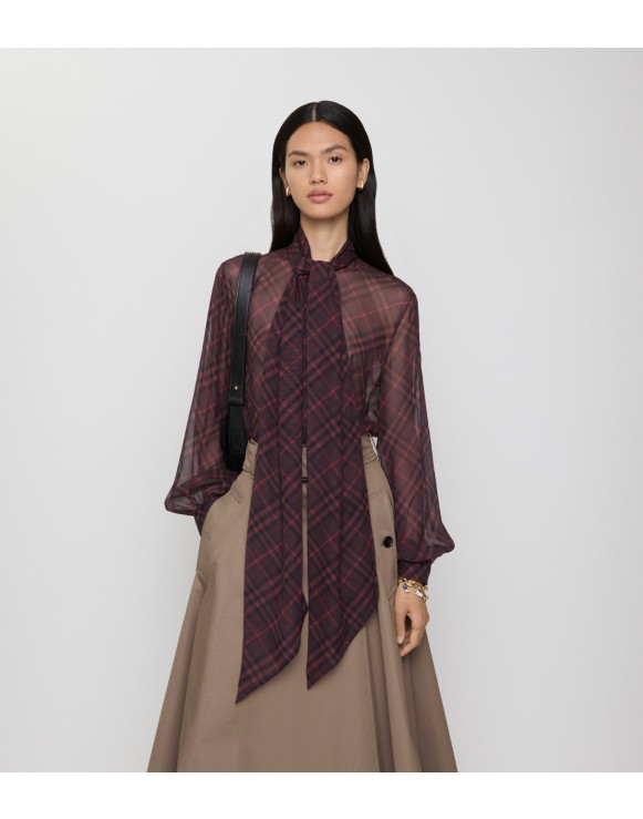 Check Silk Scarf Blouse