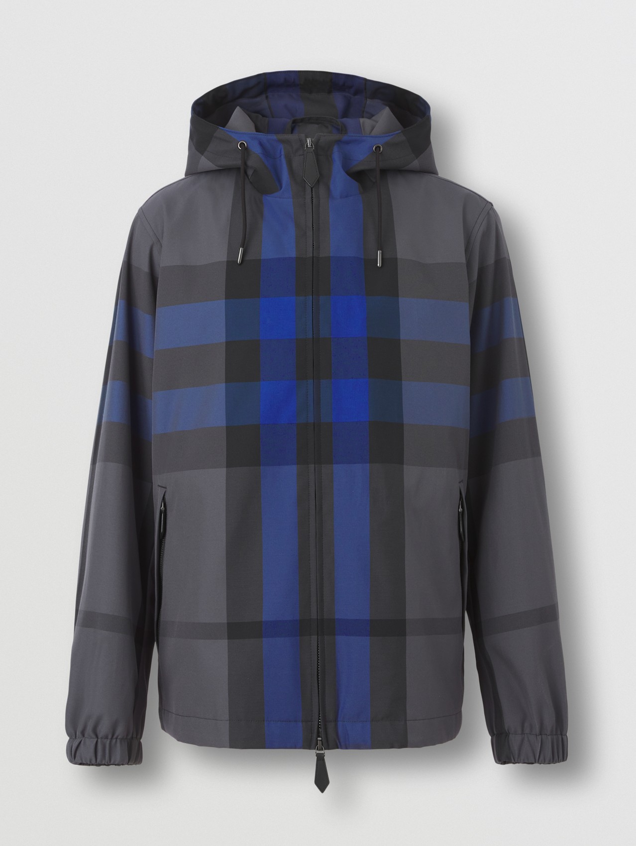 Check Cotton Blend Hooded Jacket in Oceanic Blue