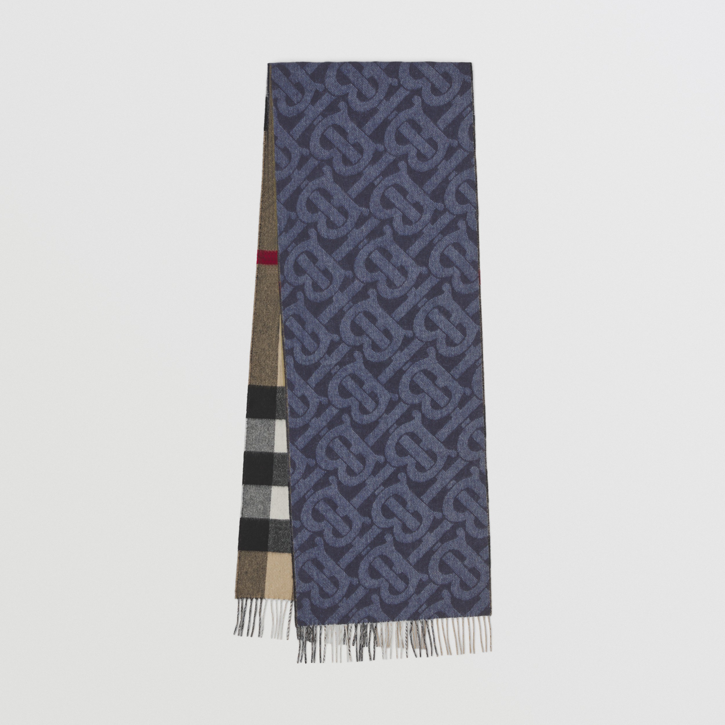 Reversible Check and Monogram Cashmere Scarf in Indigo | Burberry® Official - 1