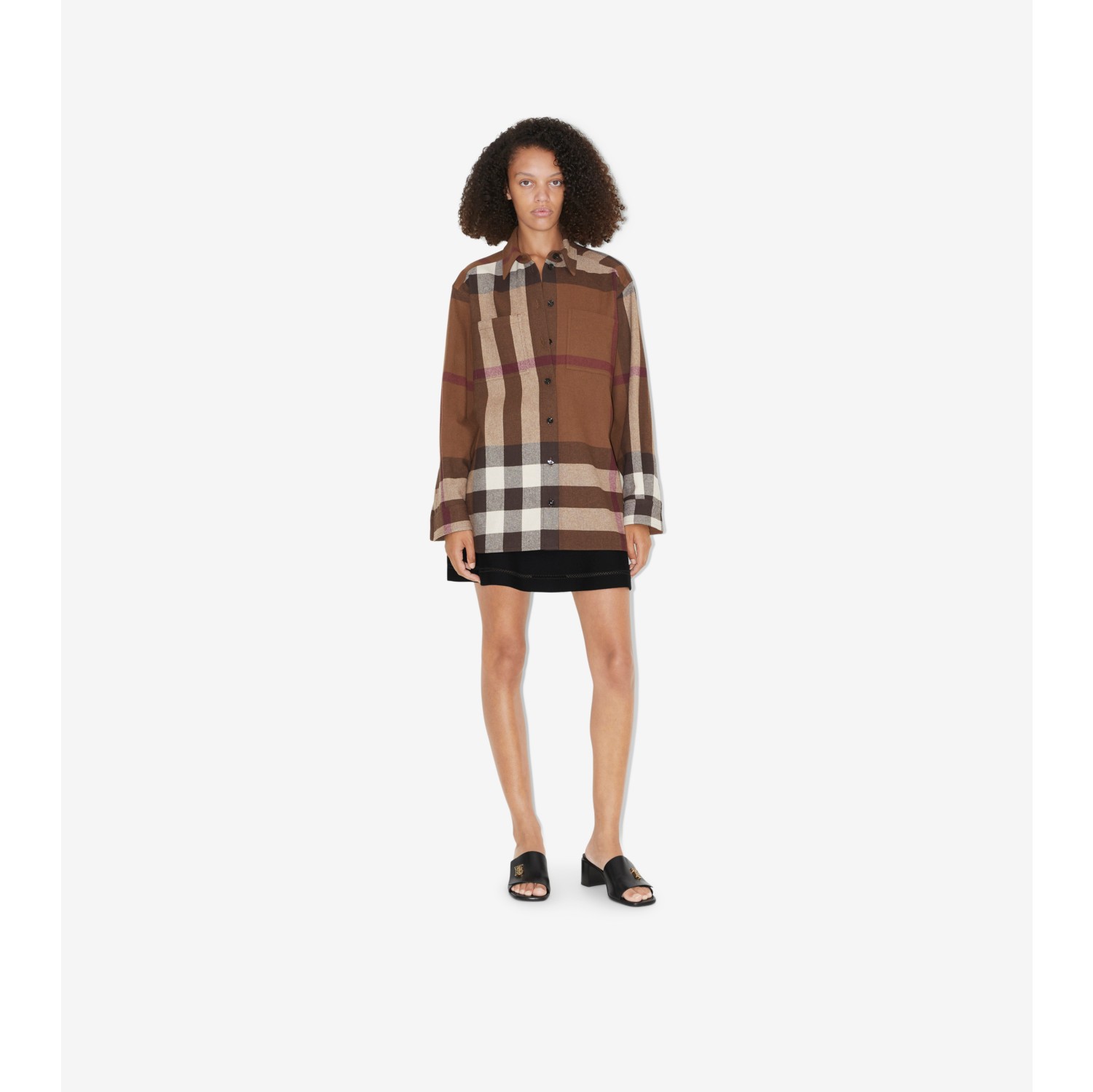 Check Wool Cotton Flannel Shirt in Dark Birch Brown - Women