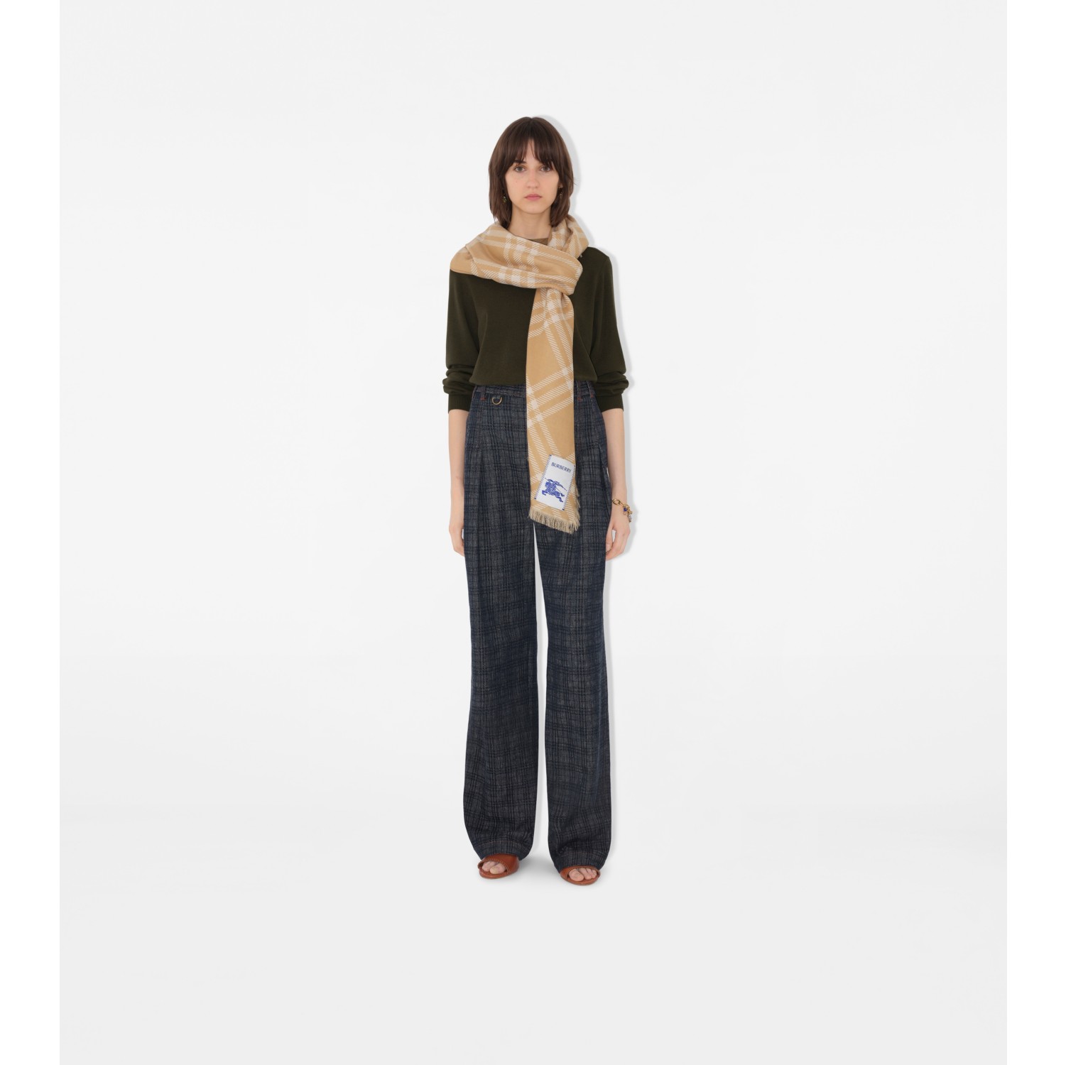 Wide Check Wool Silk Scarf
