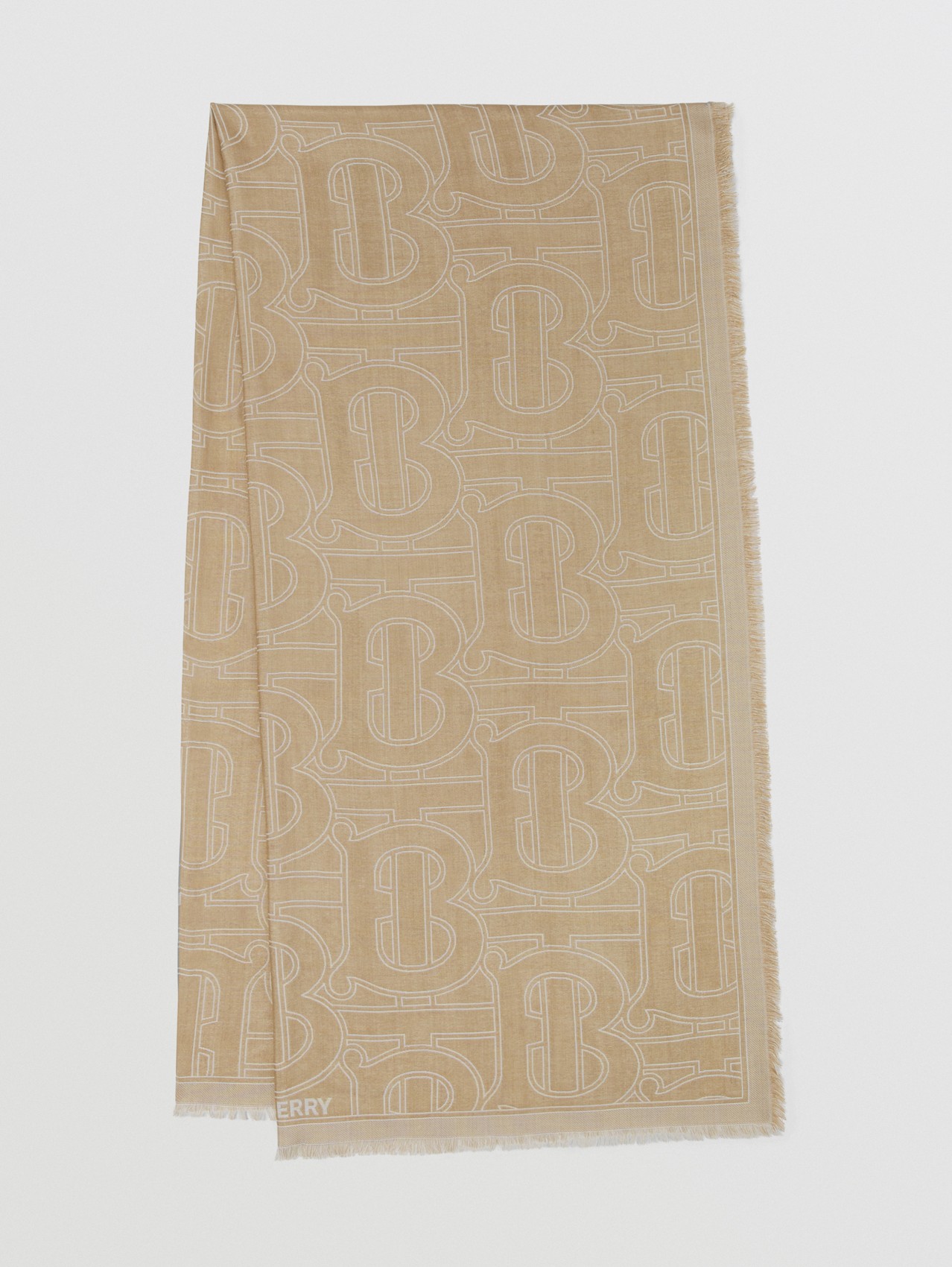 Sciarpa leggera in lana e seta con monogramma e lavorazione jacquard (Beige Archivio)