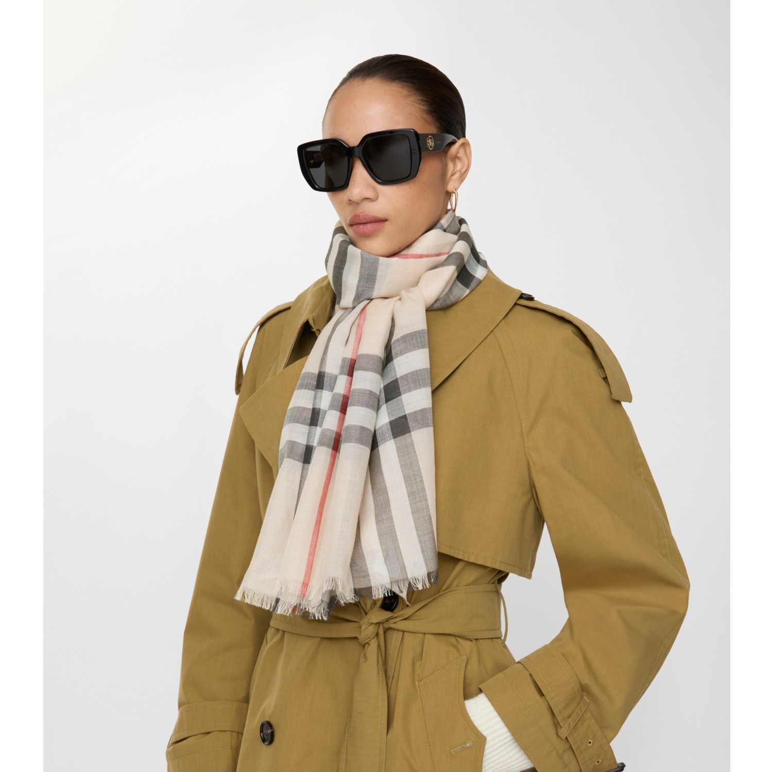 Wide Check Wool Silk Scarf