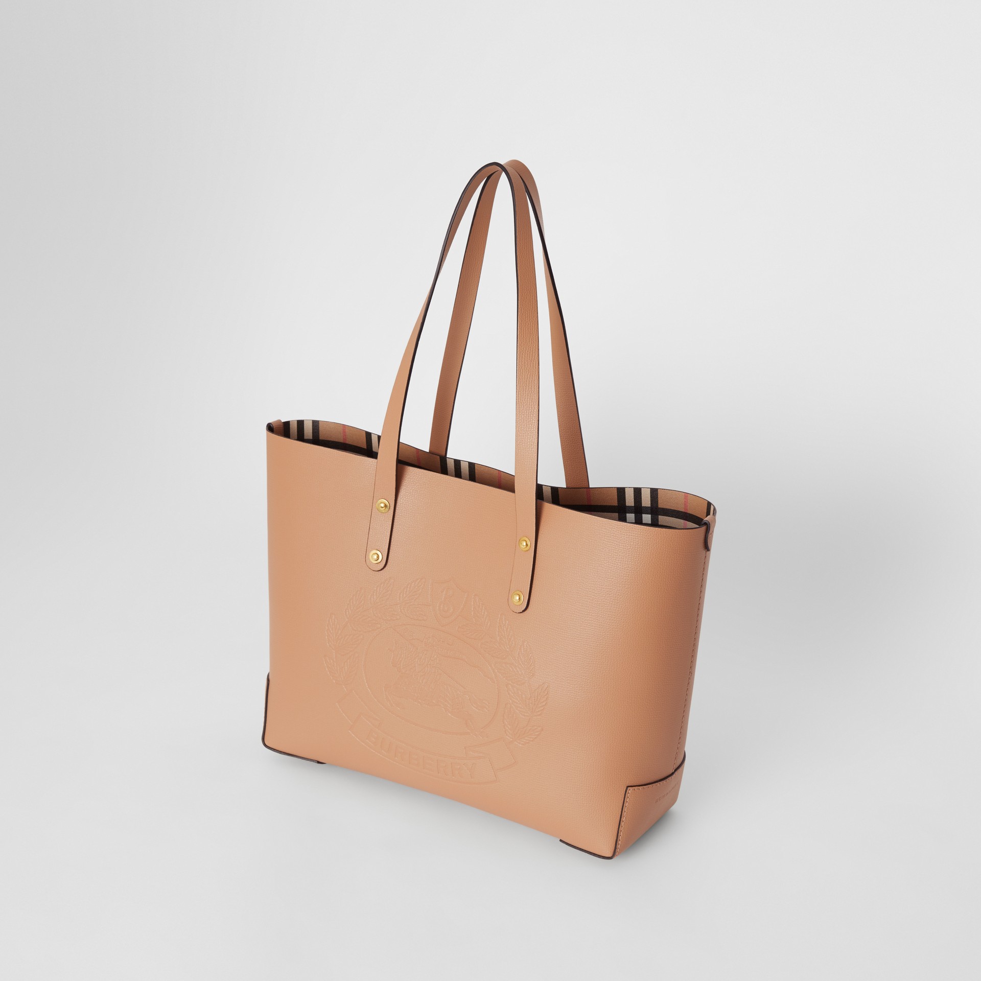 Small Embossed Crest Leather Tote in Light Camel - Women | Burberry ...