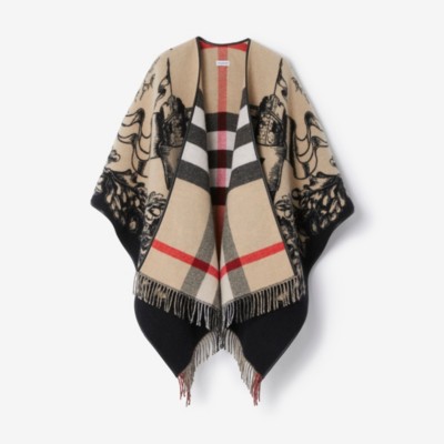 Burberry Reversible Ekd Check Wool Cape In Archive Beige