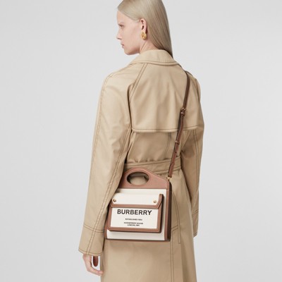 Mini Two-tone Canvas and Leather Pocket Bag in Natural/malt Brown 