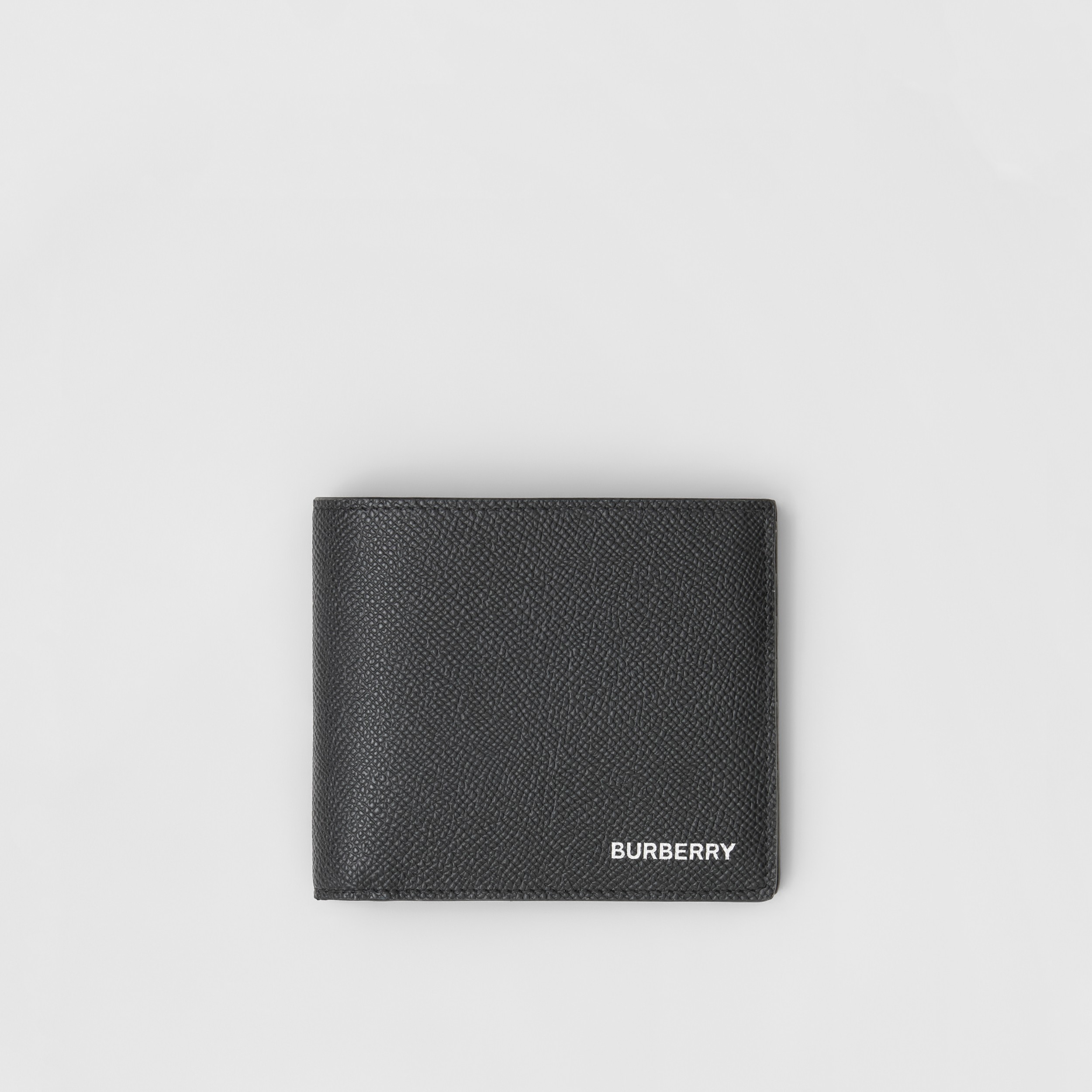 Grainy Leather Bifold Wallet with ID Card Case in Black Men