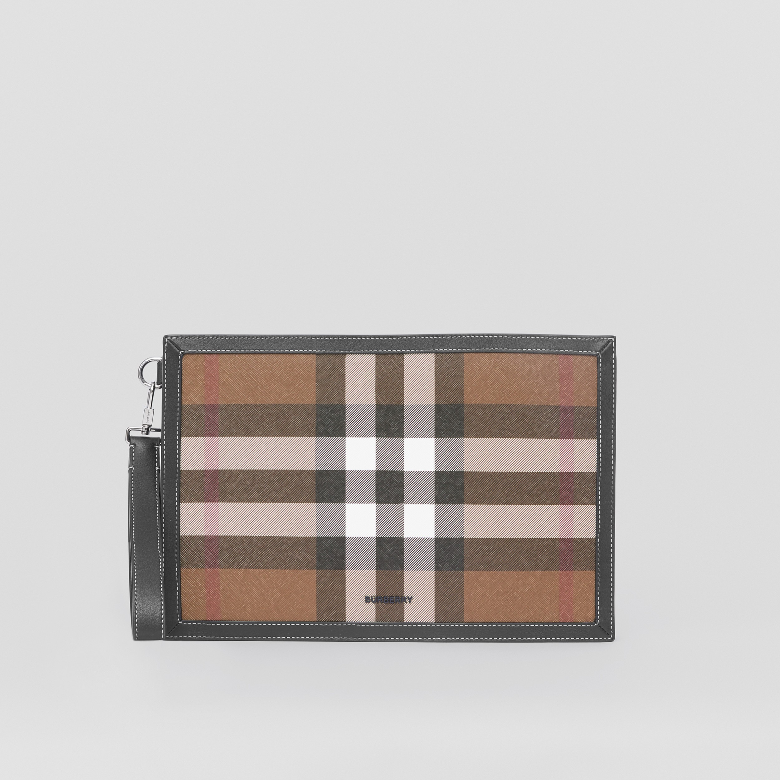 Check and Leather Zip Pouch in Dark Birch Brown - Men | Burberry® Official - 1