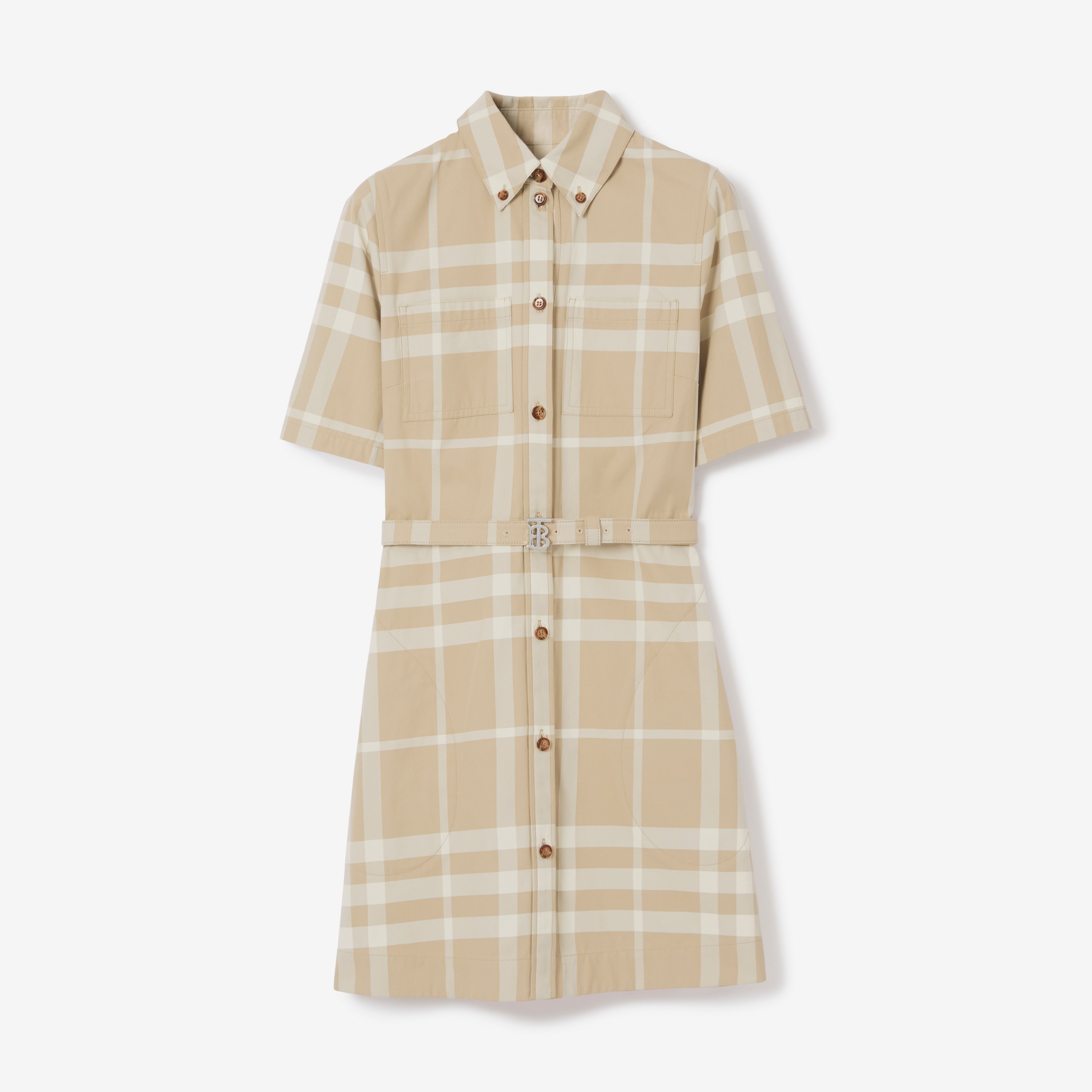 Check Cotton Gabardine Shirt Dress in Soft Fawn - Women | Burberry® Official - 1