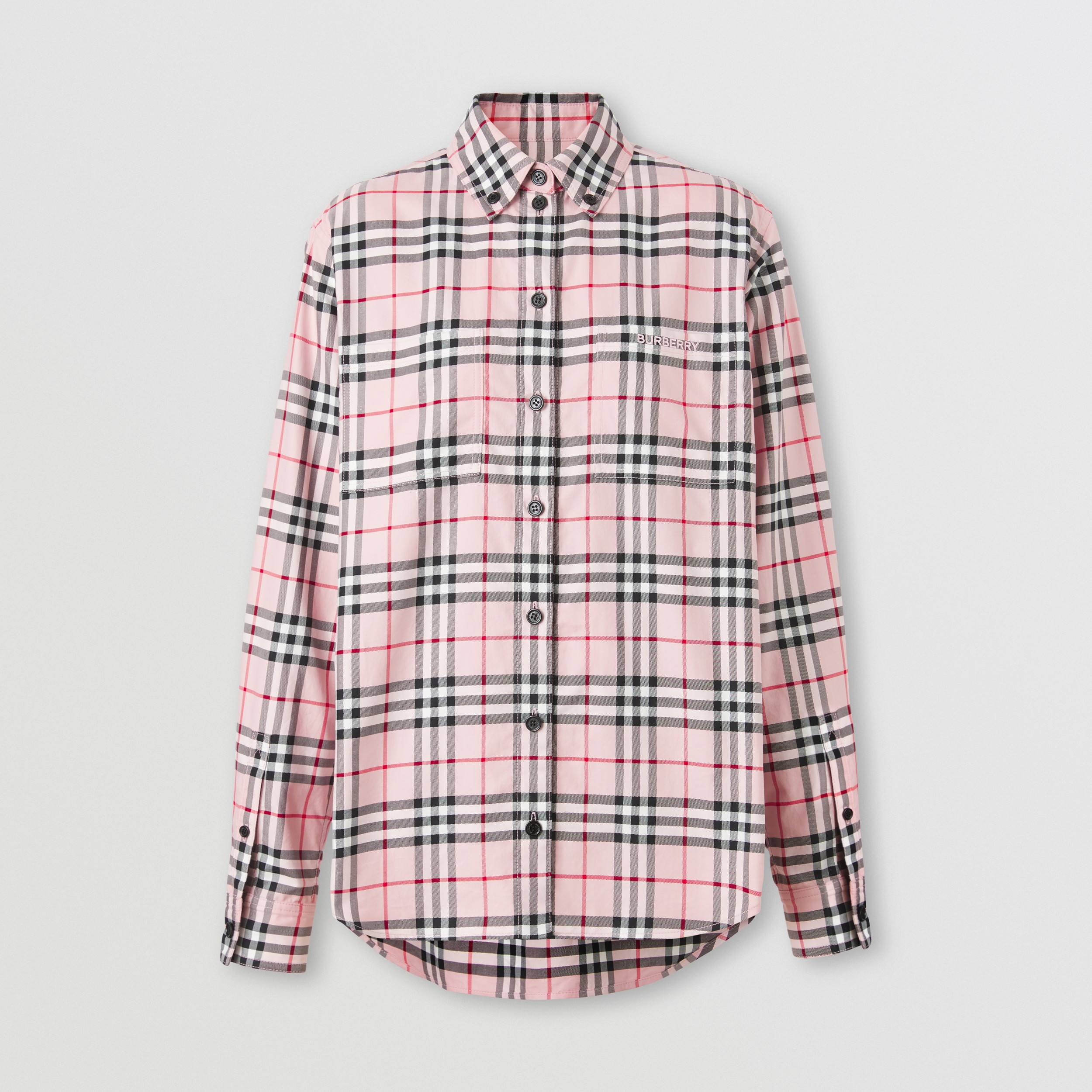 Embroidered Logo Check Cotton Oversized Shirt in Bubblegum Pink - Women | Burberry® Official - 4