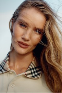 Rosie Huntington-Whiteley modelling in Burberry Shirt with Check Collar for High Summer Campaign