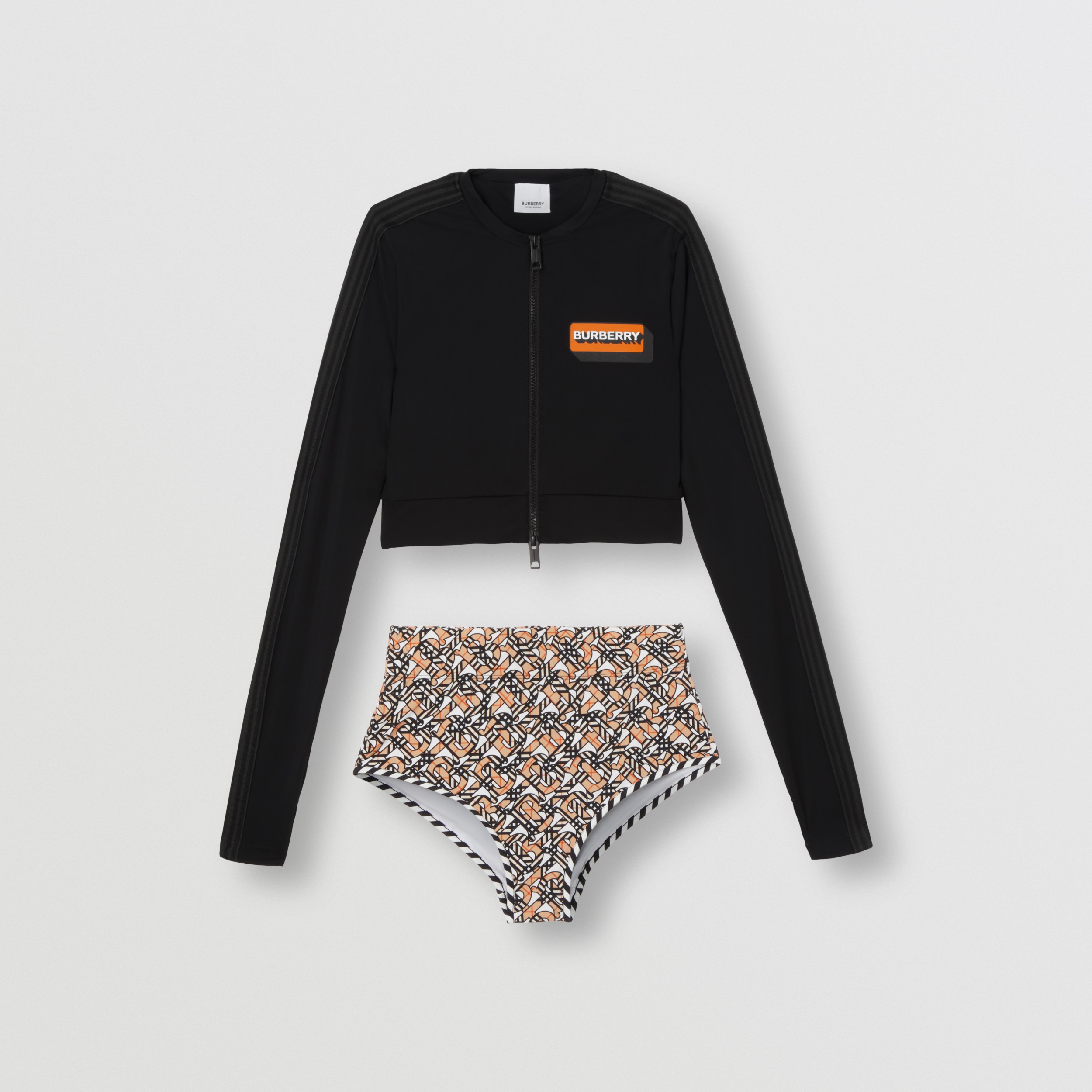 Monogram Print Stretch Nylon Two Piece Swim Set In White Women Burberry Official