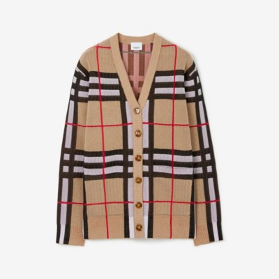 Shop Burberry Check Cotton Blend Cardigan In Archive Beige