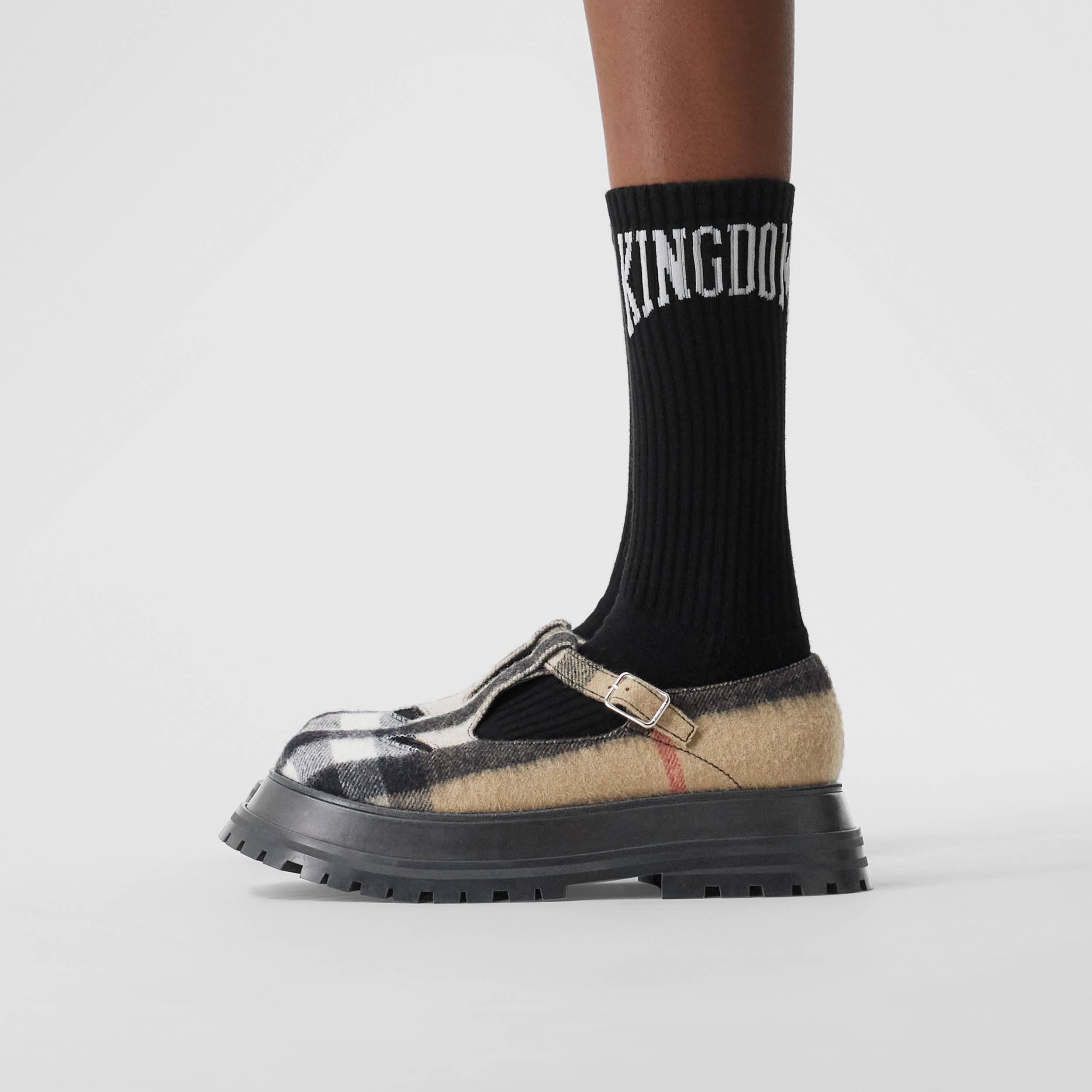 チェックウール Tストラップシューズ アーカイブベージュ ウィメンズ バーバリー