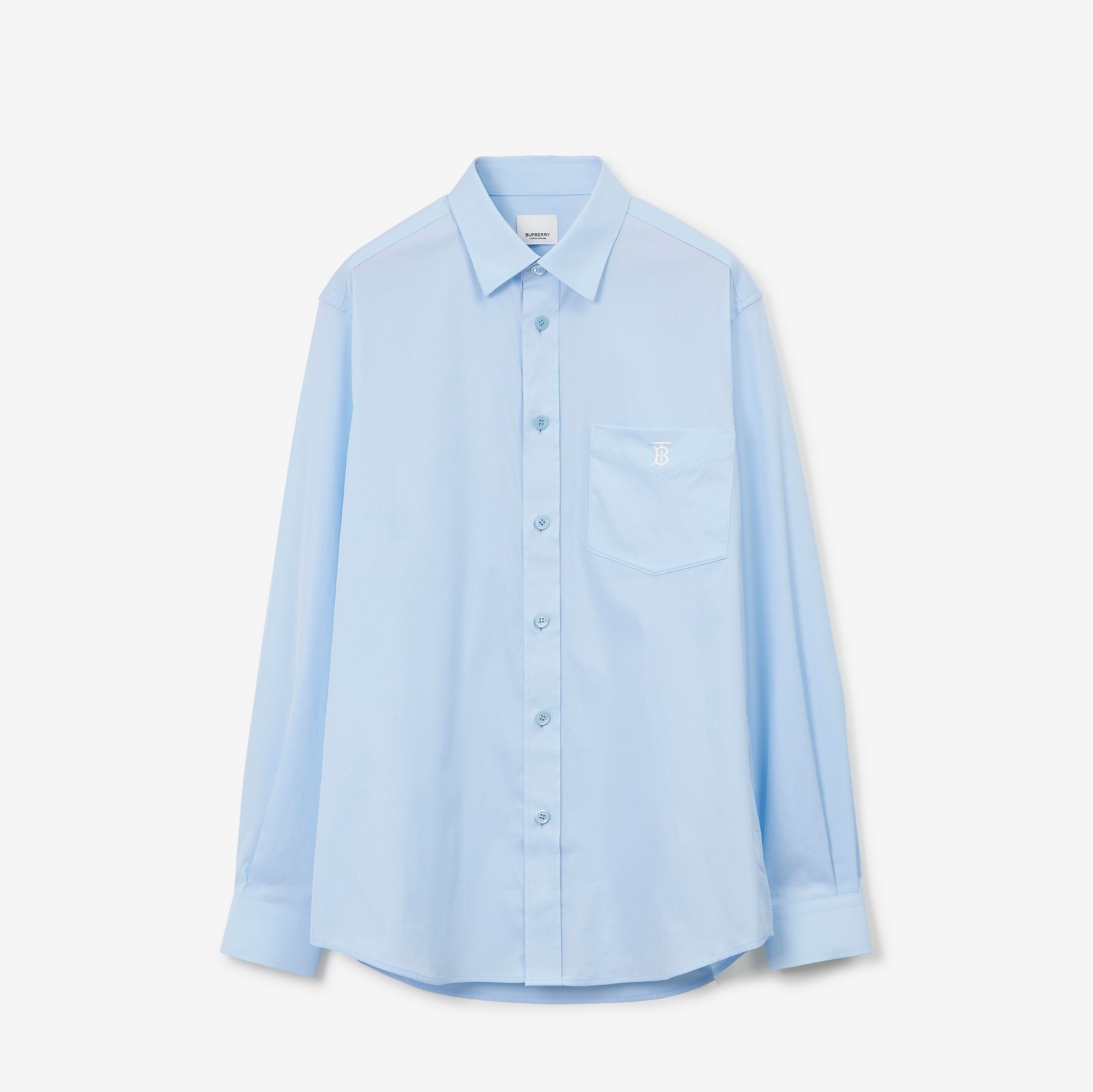 모노그램 모티프 스트레치 코튼 블렌드 셔츠 (페일 블루) - 남성 | Burberry®