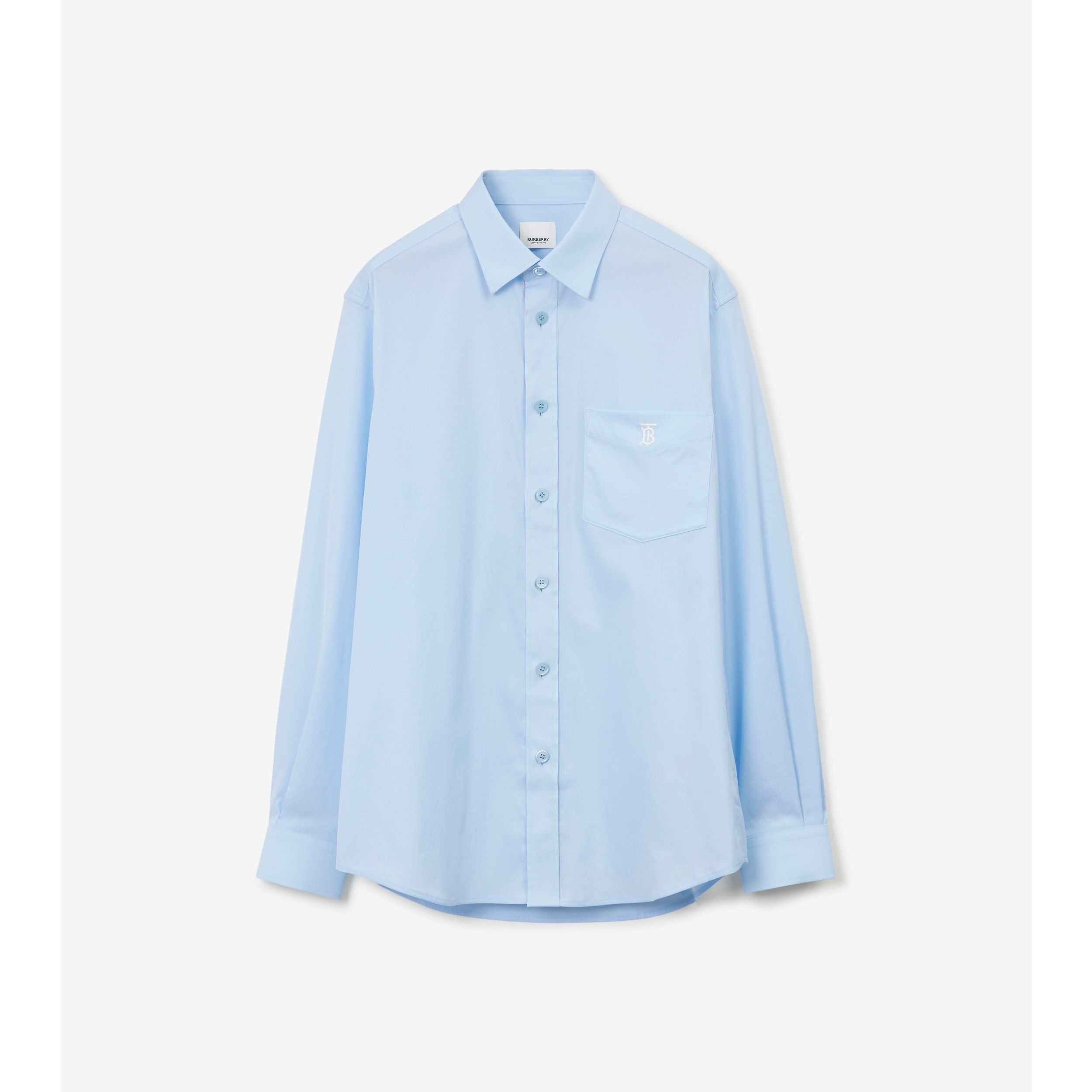 Monogram Motif Stretch Cotton Blend Shirt in Pale Blue - Men