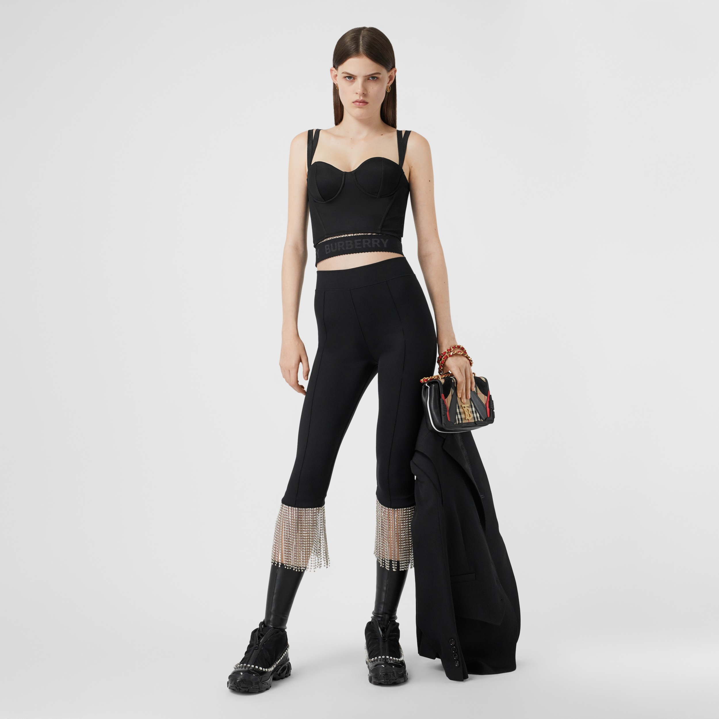 Crystal Fringe Stretch Jersey Leggings in Black Women Burberry