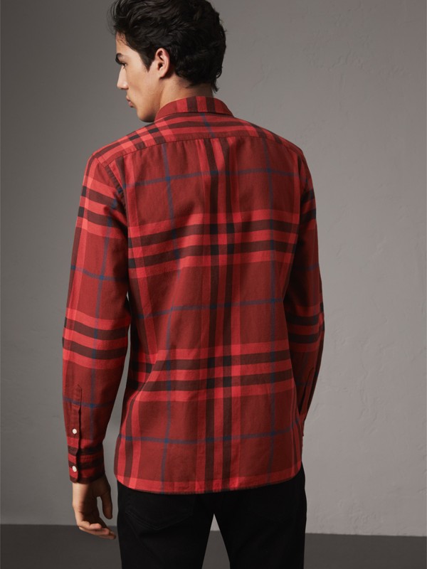 Check Cotton Flannel Shirt in Mahogany Red - Men | Burberry United States