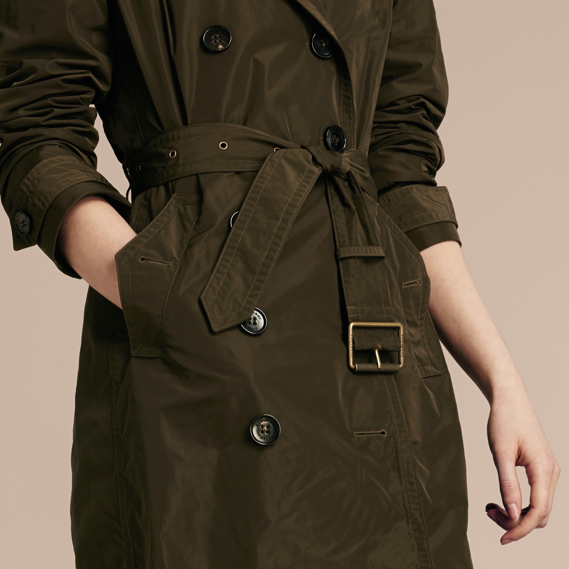 Taffeta Trench Coat with Detachable Hood in Dark Olive Women