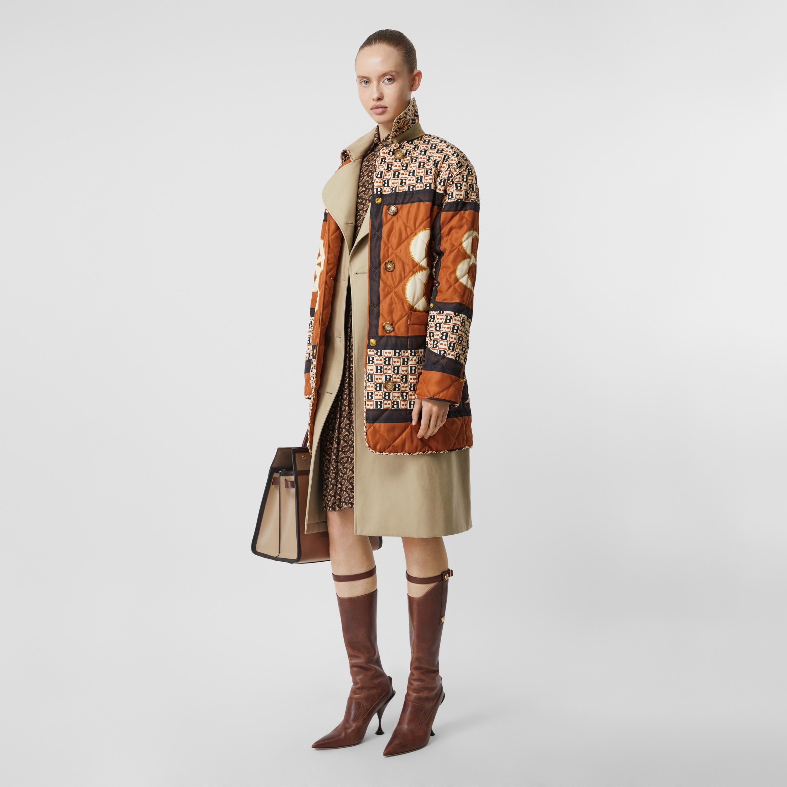 Archive Scarf Print Diamond Quilted Coat in Clay Sienna - Women ...