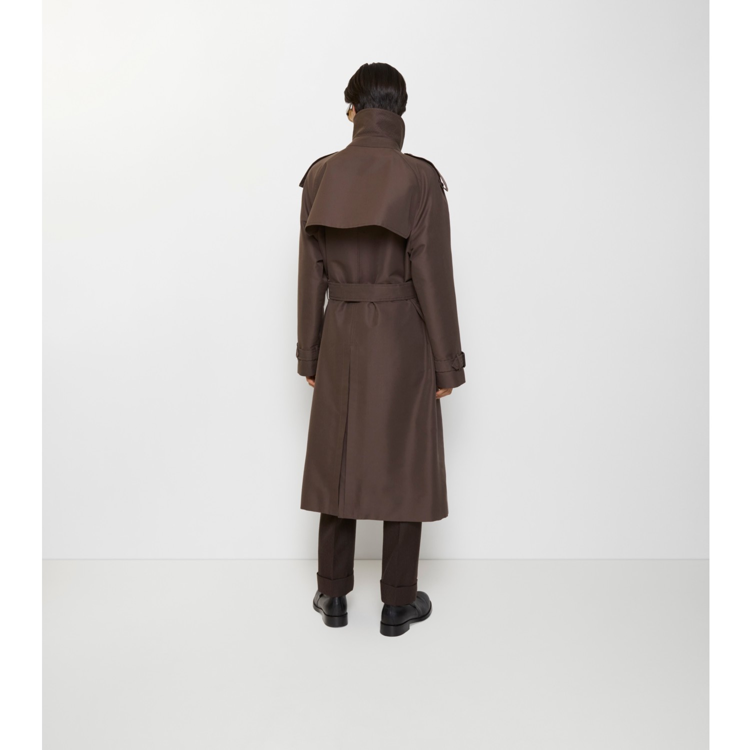 长款格纹衣领丝棉混纺 Trench 风衣