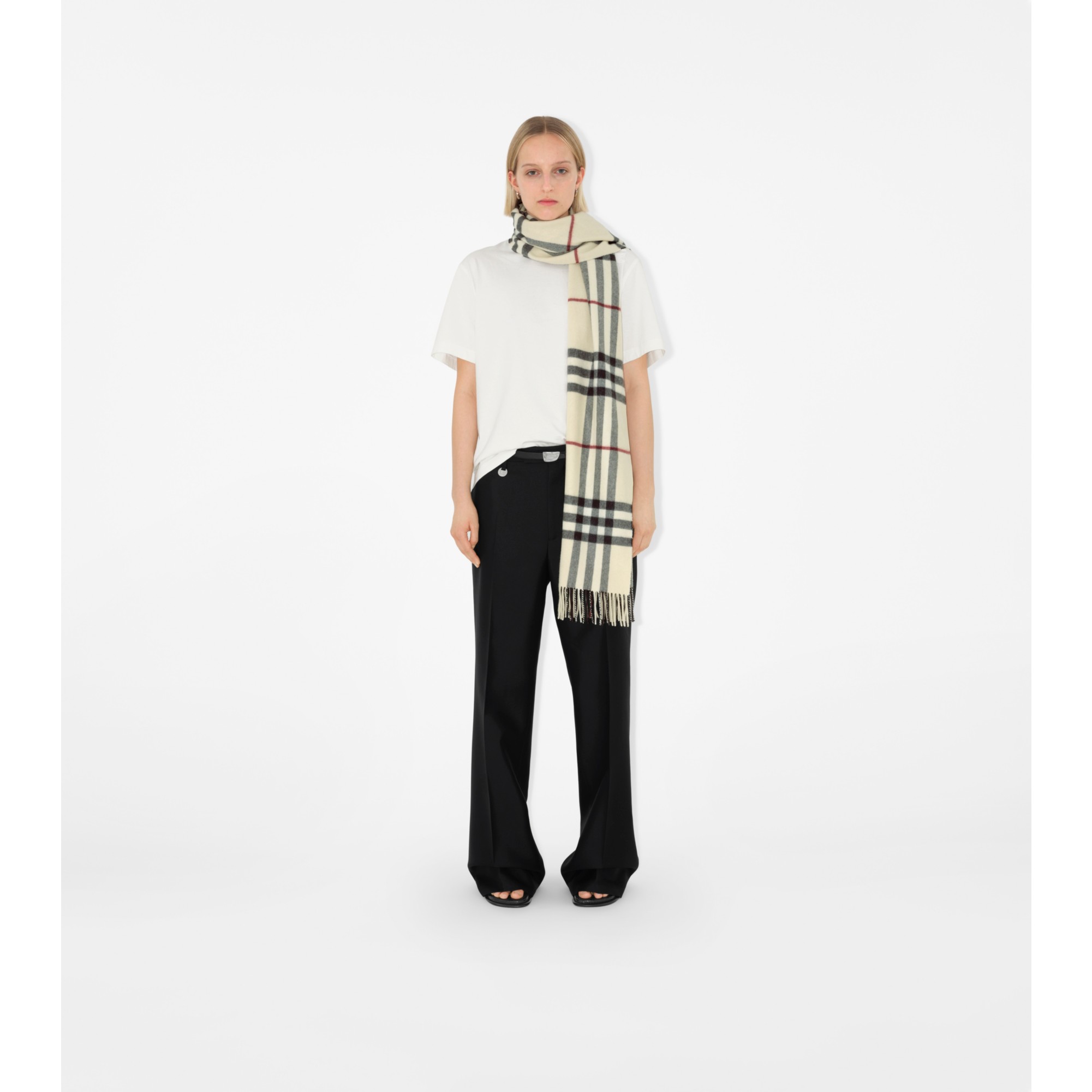 Wide Check Cashmere Scarf in Stone Burberry Official