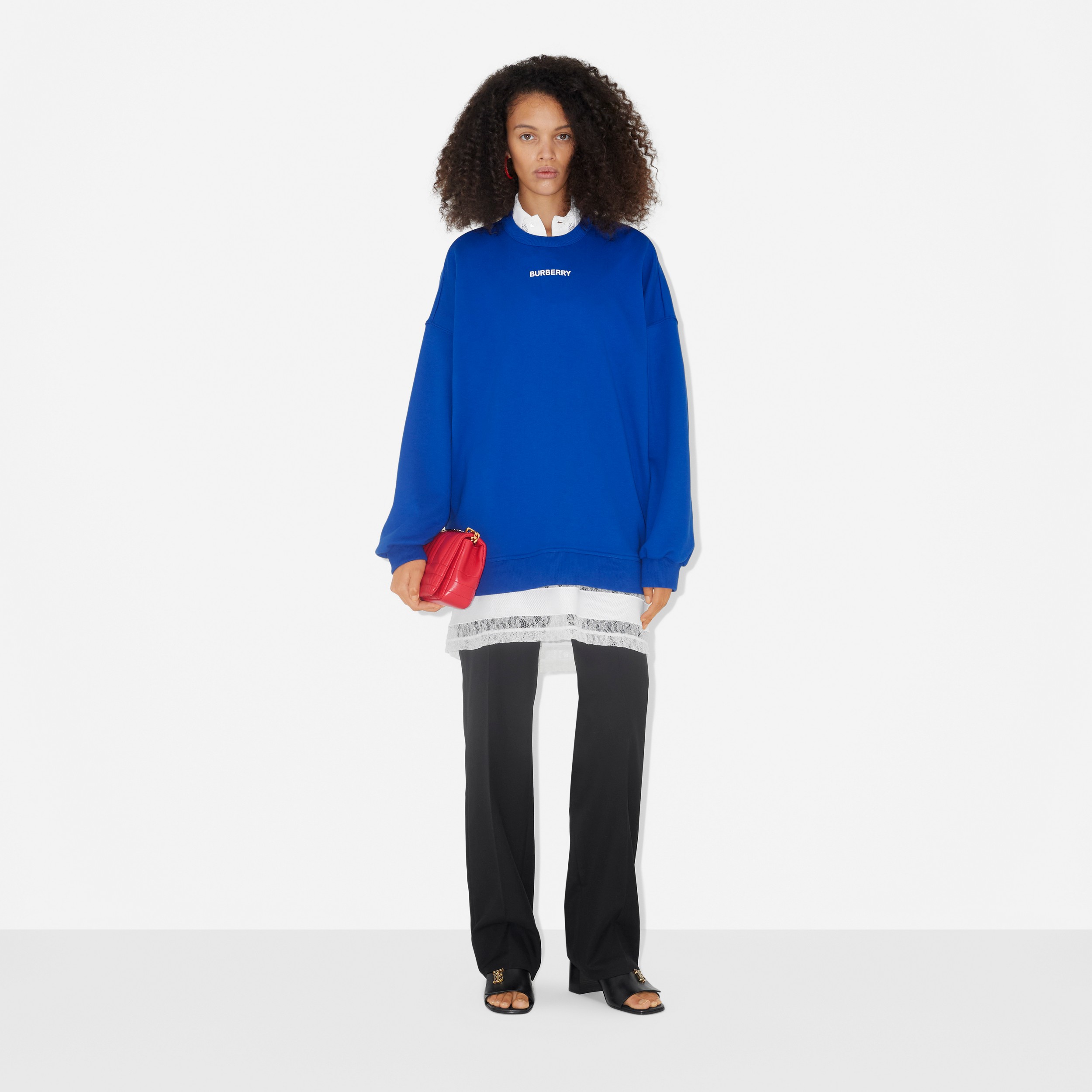Logo Print Cotton Oversized Sweatshirt in Dark Ocean Blue - Women | Burberry® Official - 2