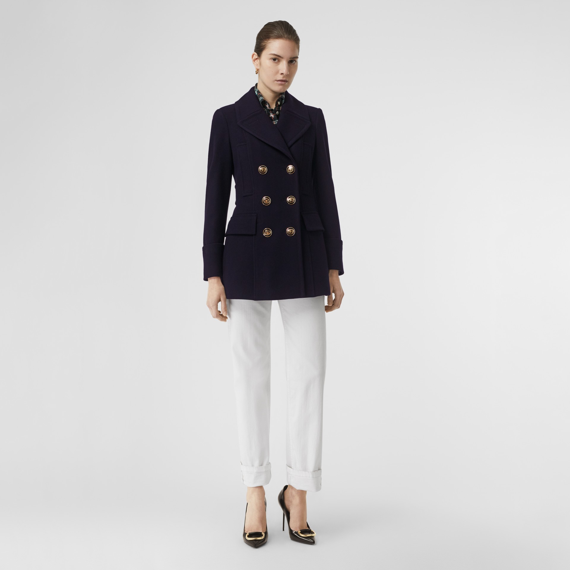 Doeskin Wool Tailored Pea Coat in Navy Women Burberry United States