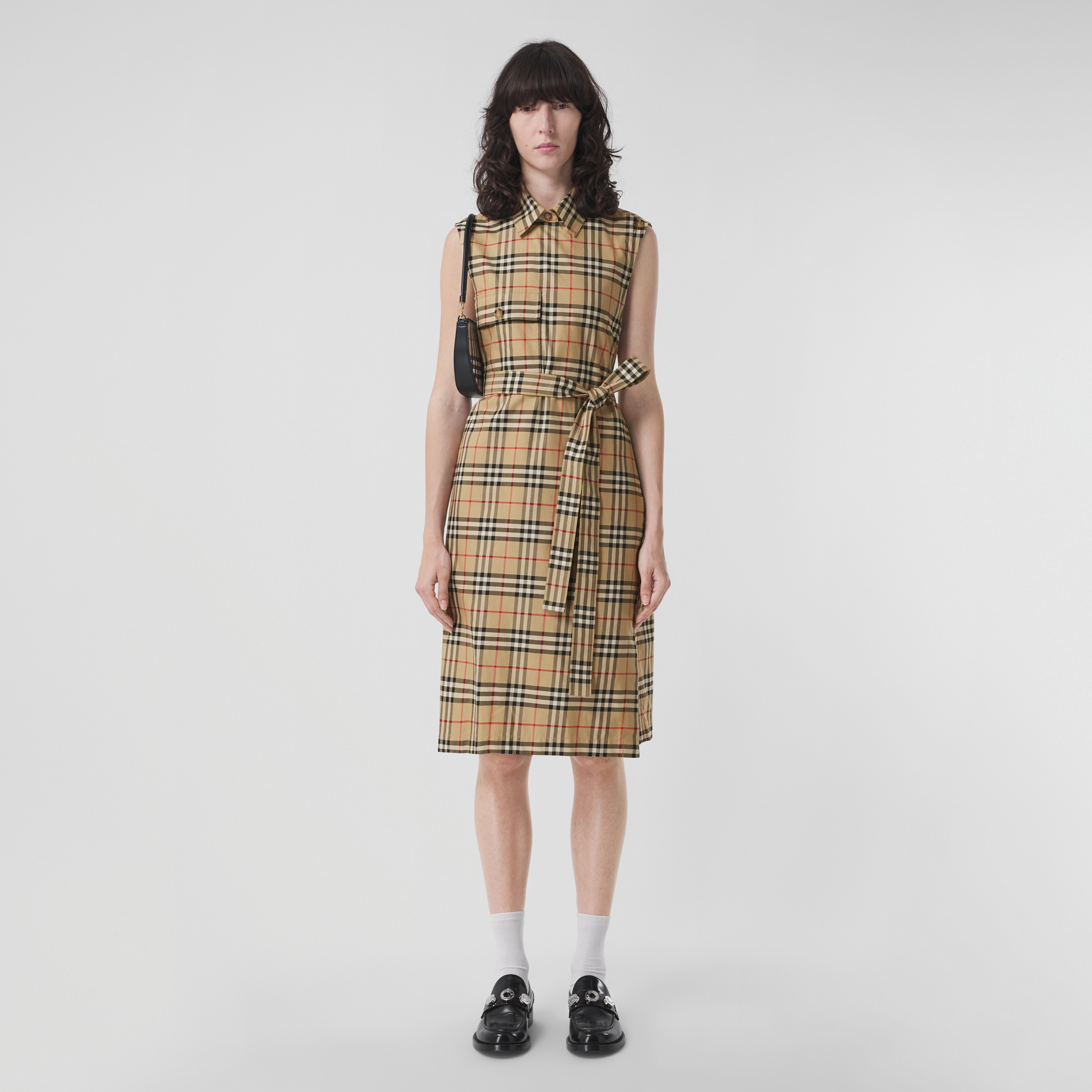 Sleeveless Vintage Check Cotton Shirt Dress in Archive Beige | Burberry® Official - 1