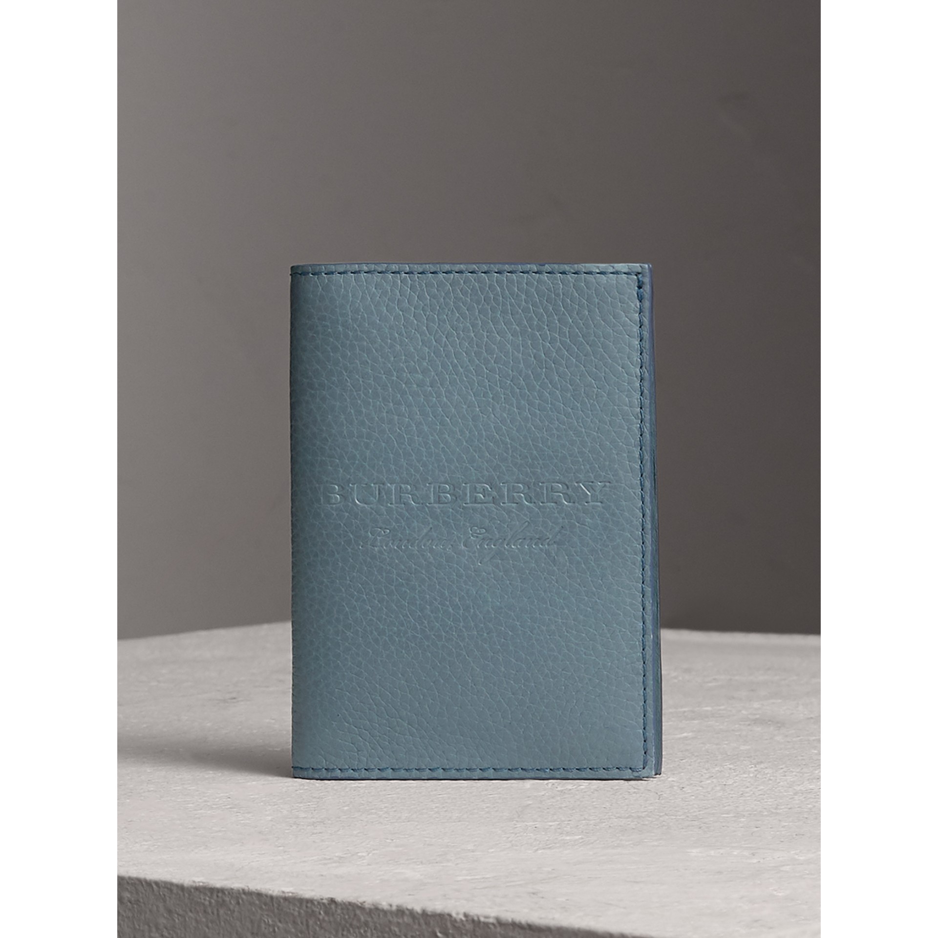 Embossed Leather Passport Holder in Dusty Teal Blue Burberry United