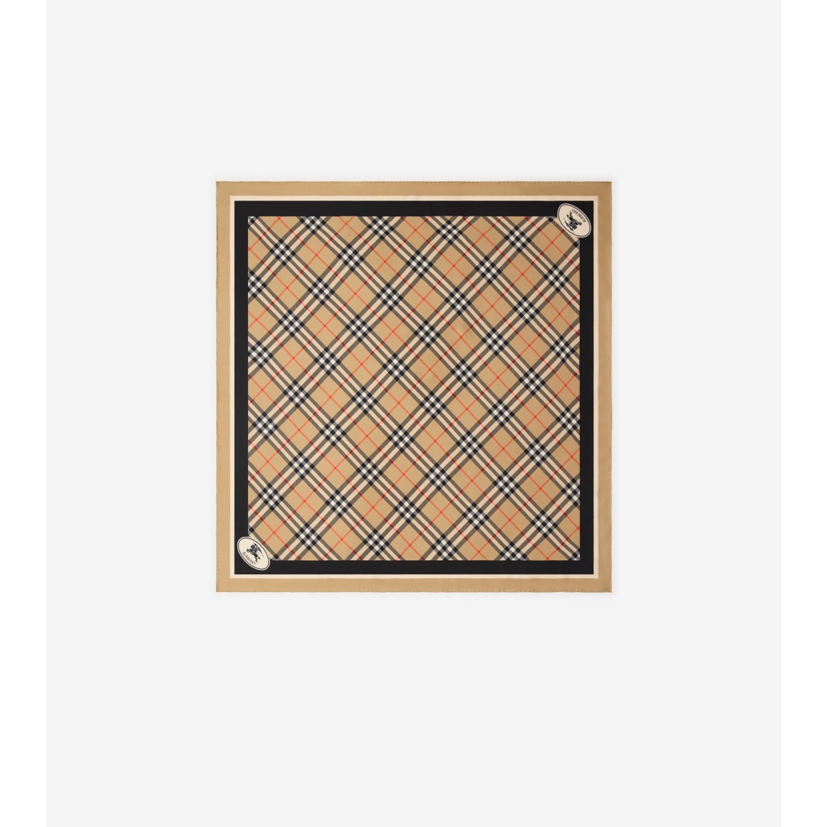 Burberry Medium Check Ekd Stamp Square Silk Twill Scarf In Sand